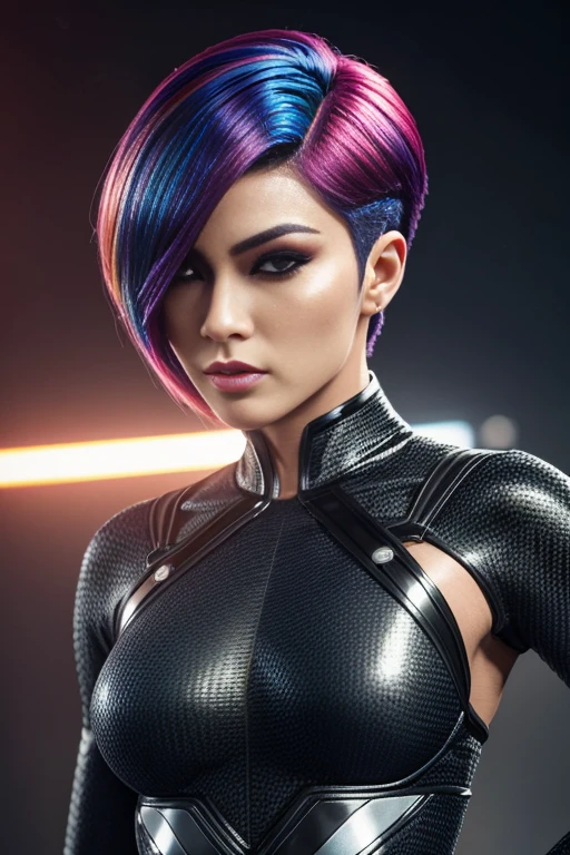 4k highly detailed realistic female supervillain dressed in cropped carbon fiber, rainbow hair in a short undercut bob hairstyle, hair covering one eye, ((sharp Jawline)), (full body Including Legs), Seduction and fantastic poses