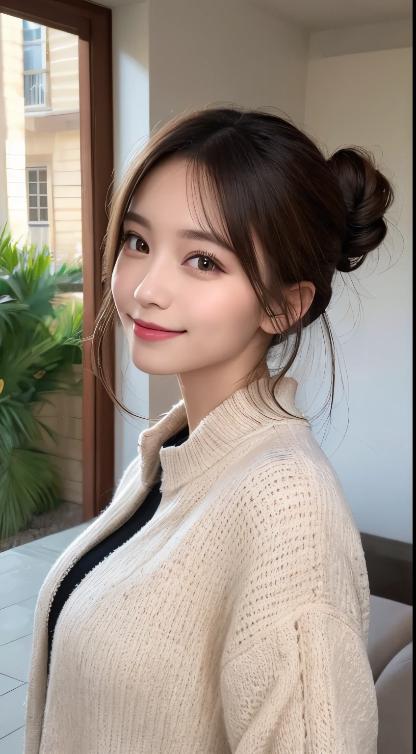 masutepiece, Best Quality, Illustration, Ultra-detailed, finely detail, hight resolution, 8K Wallpaper, Perfect dynamic composition, Beautiful detailed eyes, Down jacket,Bun hair,Small breasts natural color lip,Smile、20 years girl、face is in front of the camera,Raw photo,luxury house room