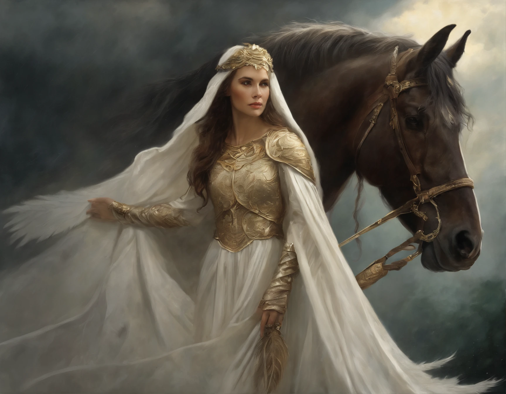真实感, dark fantasy style, John Tolkien style, Small painting by Jean-Baptiste Monge, portraite of a, looks from the front, Soft facial features, Green-eyed angel girl with feathers on her wings hugs a white horse, wings clearly in the center of the back, Human Hand, Very clear, Without flaws, bright makeup in five fingers, hugs a horse with wings, Average height, dark pink lips, thin lip shape ,"Cool eyebrows in the shape of Angryburts, dark brown eyes, green colored eyes, bright green eye color, drooping eye shape, drooping corner of the eye, looking at away, black hair, hair braided in a long thick tight braid, classic braid, hairstyle with classic braid, slightly upturned duck nose, in the hands of the sword of the heavenly warrior, Human Hand, Very clear without flaws with five fingers ,in the form of a Valkyrie, Carol Buck style, behind his back are huge open angel wings, Sword in hand,golden cape on the wings, Slightly naked, Priestesses, dressed in white and gold clothes, holy golden armor, Celestial Queen, next to him stands a white horse with wings, hugging the horse in the foreground, rain dripping in the foreground, The sky, rainbow, Jean-Baptiste Monge, anthropomorphic --ar 2:3 --testp -optimistic;