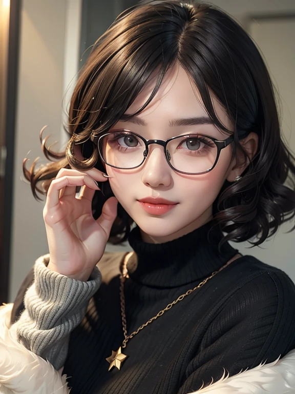 A dark-haired、Short Bob、Wave Perm、eye glasses、Facing the front、A slight smil、Playing games、adult lady、