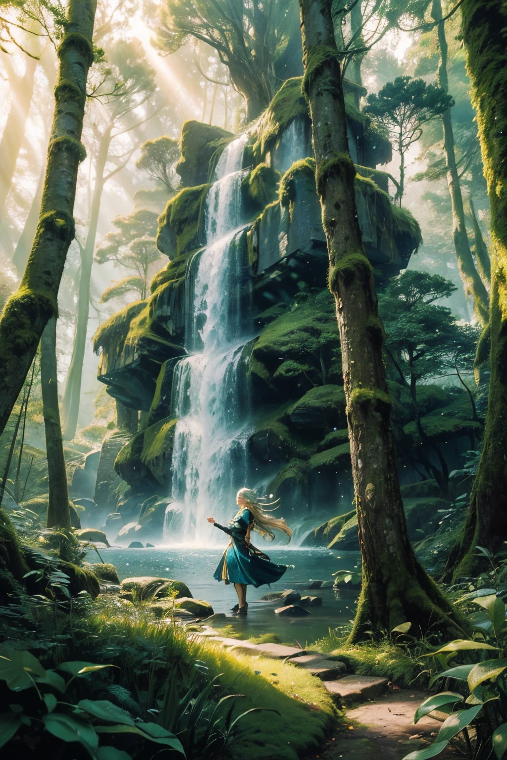 Art Styles: Fantasy, SurrealismArt Inspirations: Art Station, Dribble, BehanceCamera: Medium ShotShot: FrontRender Related Information: High resolution, detailed, soft lighting Description: A magnificent forest serves as the backdrop for a captivating female elf, surrounded by towering trees adorned with shimmering leaves in a mesmerizing array of rainbow colors. The gentle sunlight pierces through the dense foliage, casting warm beams that dance upon the mossy forest floor. The air is filled with the intoxicating fragrance of exotic blossoms and fresh foliage.