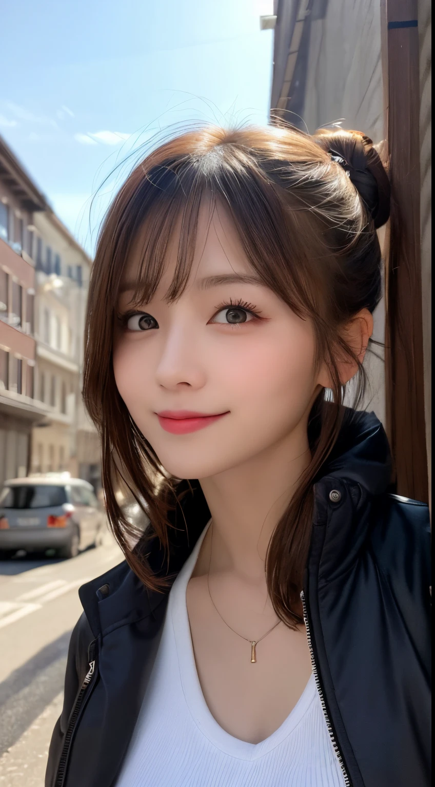 masutepiece, Best Quality, Illustration, Ultra-detailed, finely detail, hight resolution, 8K Wallpaper, Perfect dynamic composition, Beautiful detailed eyes, Down jacket,Bun hair,Small breasts natural color lip, Bold sexy poses,Smile、20 years girl、Cute、Sexy shot looking at camera,Raw photo