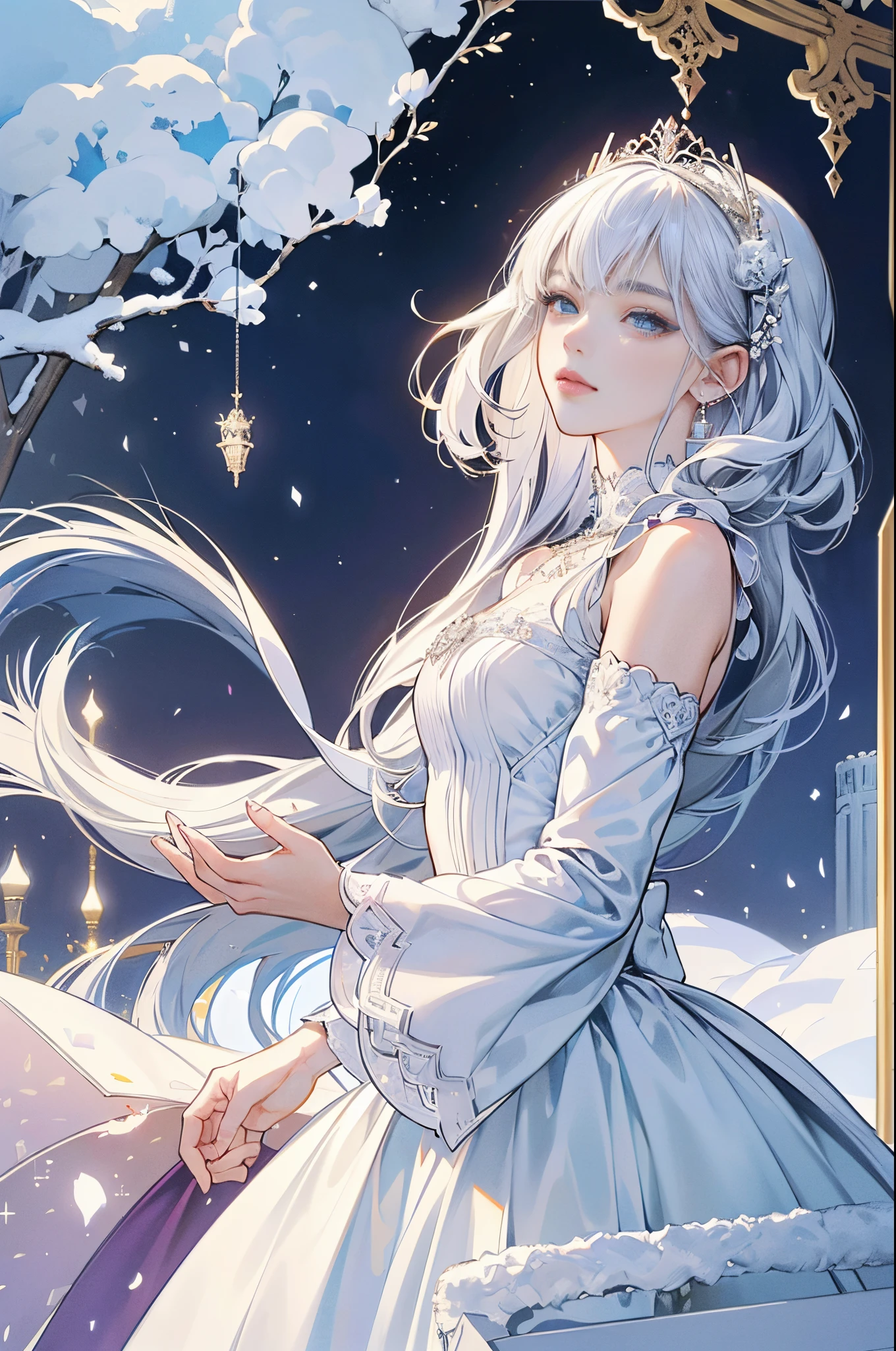 white cat motif、platinum tone、((masterpiece)))、(((top-quality)))、((ultra-detailliert))、(A hyper-realistic)、(highly detailed CGillustration)、Official art、Fractal art、Geometry learned、abstract background、Moscow at the beginning of the 20th century、Decadent、Queen of snow、Cool Beauty、Masquerade、sophisticated menegance、Gorgeous、Colorful and detailed mask design、matchless beauty、Fans、gorgeous dress、encrusted with diamonds、Female Solo、Perfect Angle、perfect-composition