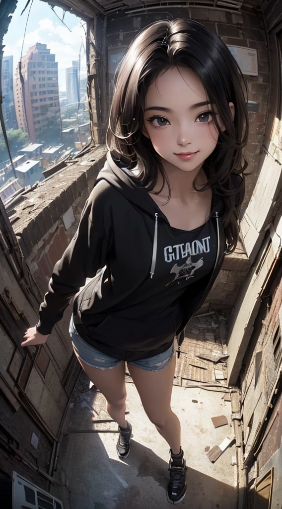 ((8k wallpaper of extremely detailed CG unit, masterpiece, hight resolution, top-quality)), (Beautuful Women, Smile, Posing like a model:1.8, Grunge Fashion, wearing a zippered hoodie:1.2, Wearing micro mini shorts:1.2, Wearing shoes:1.1), ((extra detailed face, Highly detailed black eyes, extra detailed body, Top quality real texture skins)), (A dark-haired, hair messy, de pele branca, Exposed belly), (Inside an abandoned building), (high-angle:1.2, Fisheye:1.3), hyper realisitic, digitial painting,