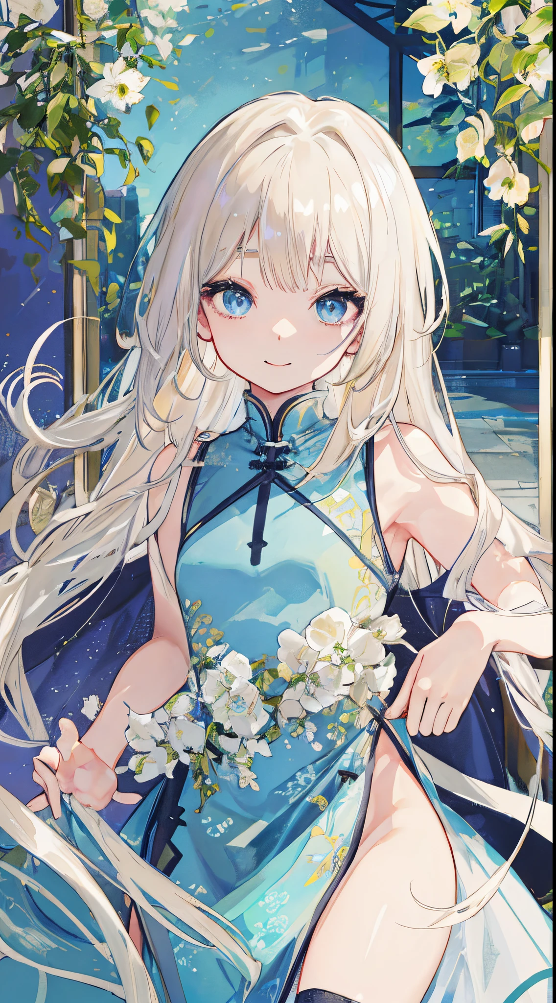 top-quality、realistic touch,high-detail、photoRealstic、long body、thin-waist、captive beauty、big eye、Strong platinum blonde eyelashes、platinum-blond、full body Esbian、Sparkling eyes、Submissive smile、Flushed cheeks、Kamimei、thin-waist、Voluptuous thighs、Enraptured look、Raked bangs、The forehead is protruding、Tight chinese dress、sleeveless、Inside a room、She isn't not wearing panties、wide slit in clothing、 girl