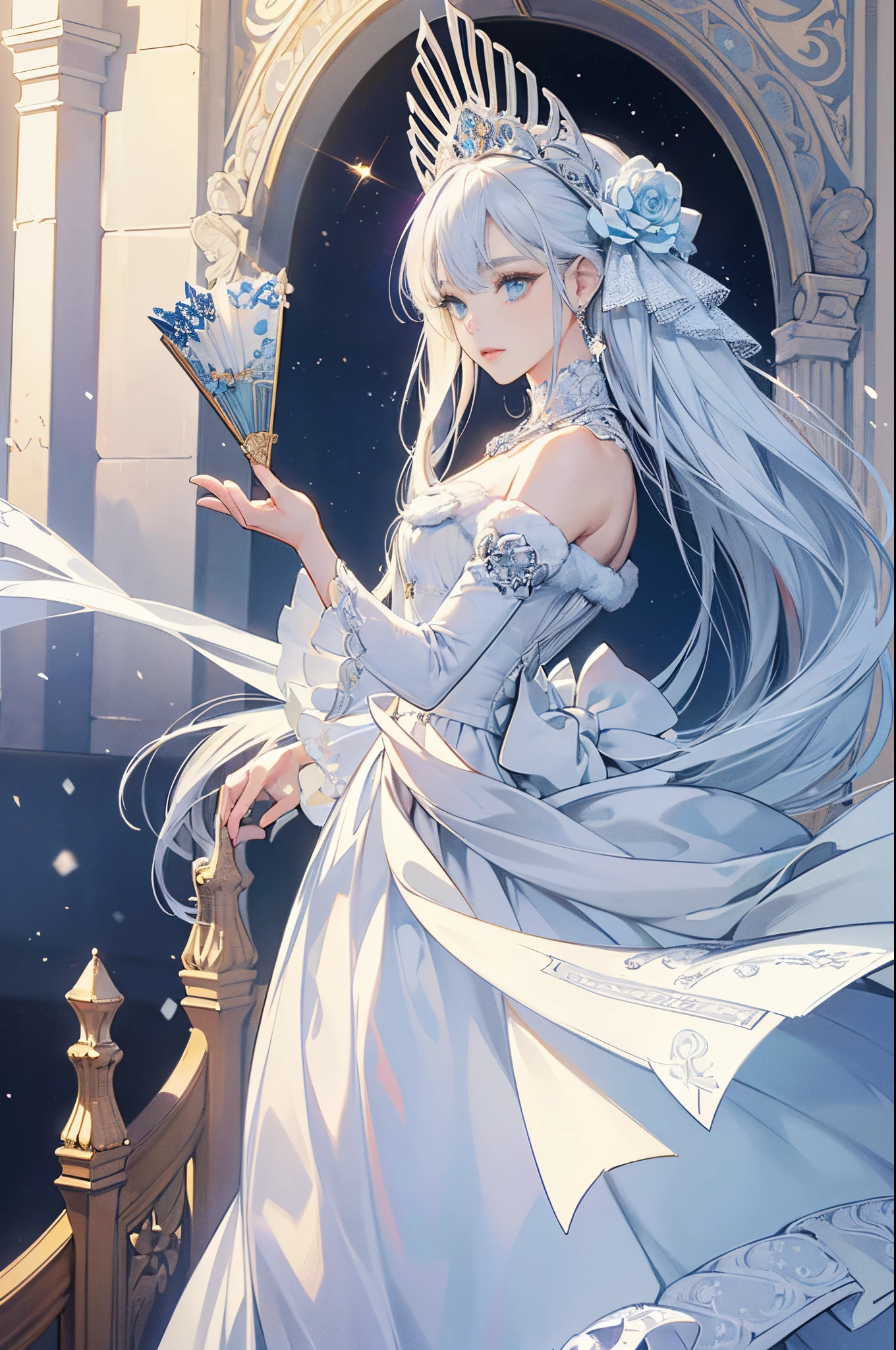 white cat motif、platinum tone、((masterpiece)))、(((top-quality)))、((ultra-detailliert))、(A hyper-realistic)、(highly detailed CGillustration)、Official art、Fractal art、Geometry learned、abstract background、Moscow at the beginning of the 20th century、Decadent、Queen of snow、Cool Beauty、Masquerade、sophisticated menegance、Gorgeous、Colorful and detailed mask design、matchless beauty、Fans、gorgeous dress、encrusted with diamonds、Female Solo、Perfect Angle、perfect-composition