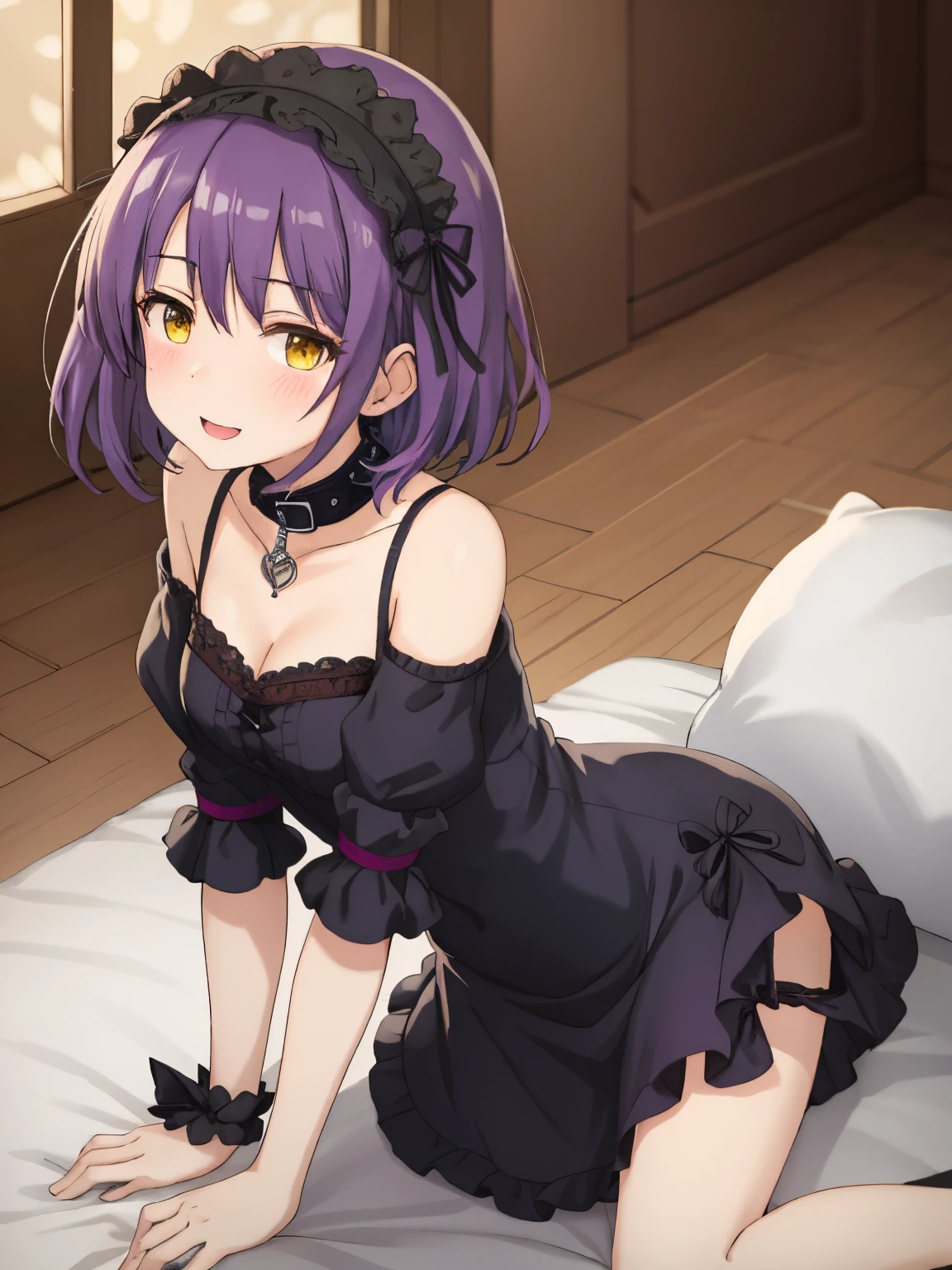 top-quality、(​masterpiece:1.2)、独奏、ighly detailed、1 girl in、party venue interior、Beautiful short hair、purple color  hair、Beautiful purple hair、cute goth lolitanding、Yellow eyes Beautiful shining yellow eyes、Kawaii Girl、light blue gothic loli、Gothic lolita style light blue dress、Light blue one-piece dress、White collar、A cute girl no matter who looks、８K image、panty dress