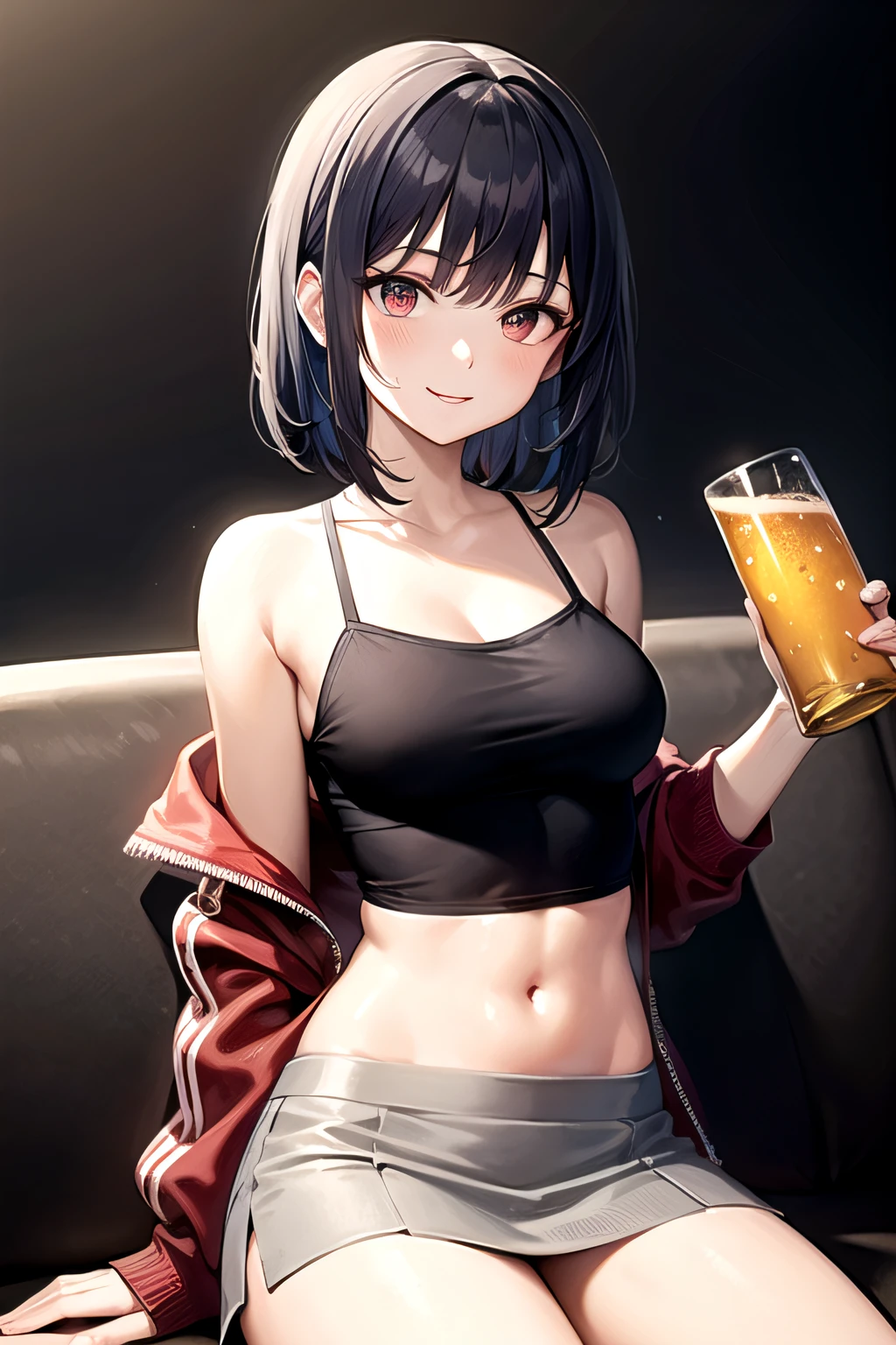 ((masutepiece)),((High quality)),((High resolution)),((Highly accurate and detailed representation of the human body)), "A slender girl in her mid-twenties with medium-length blue hair and red eyes.、She wears a bright red zip-up hoodie open over a short white camisole on her upper body.. she has a bright smile, and you can see her exposed navel. she is wearing a gray miniskirt, Holding a beer glass in one hand, And I'm sitting cross-legged on the sofa.