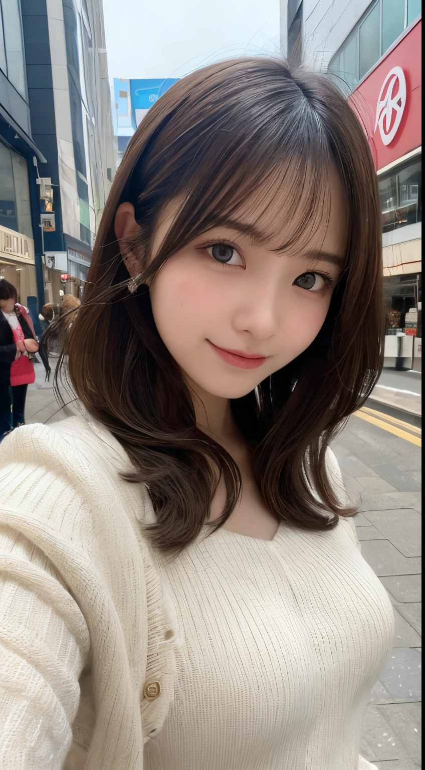 masutepiece, Best Quality, Illustration, Ultra-detailed, finely detail, hight resolution, 8K Wallpaper, Perfect dynamic composition, Beautiful detailed eyes, Winter clothes,Medium Hair,small tits,Natural Color Lip, Bold sexy poses,Smile,Harajuku、20 years girl、Cute、Sexy shot looking at camera,Raw photo,Blur the background,Perfect and beautiful face,take a photo close to the face