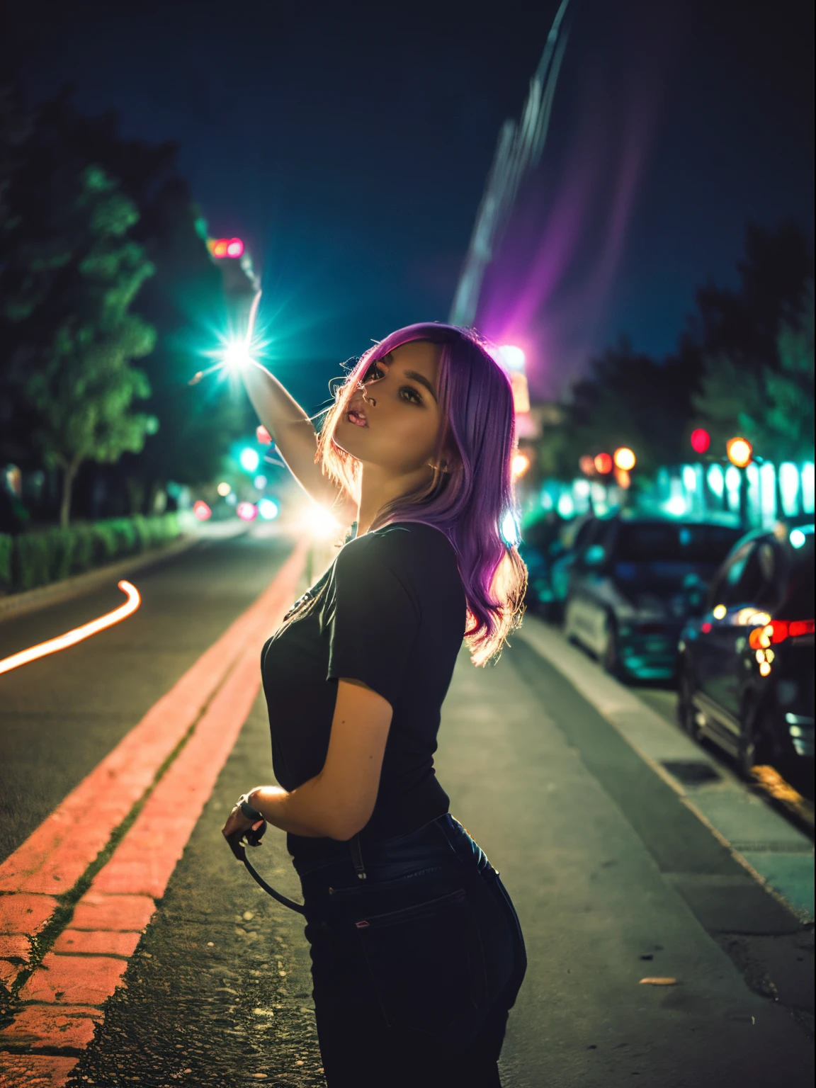 create a hyper realistic image of cute girltaking a selfie in the park, purple hair hair, wearing black t-shirt and jeans, green eyes. long dark eyebrows, long eyelashes, background of outside , 8k, high detailed, sharp focus.,(light trail photography:1.3), (Car taillightany tail light wires, (tail light line art), winding city road:1.3, Camera in manual mode, ND16 filter, F/8, ISO100, (150 seconds long exposure), Shoot from above, Amazingly beautiful lighting, Complex, (tmasterpiece), (Best quality at best), (hyper-high detail), (realisticlying:1.3)