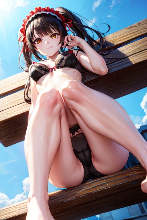 ((full body)), ((full pose)), kurumitokisaki, tokisaki kurumi, clock eyes, black hair, twintails, (red eyes:1.2), (yellow eyes:1.3), heterochromia, (small ??????:1.3), ((wide smile)), BREAK hairband, bow, ribbon, ((black ?????????:1.4)), BREAK looking at viewer, BREAK outdoors, city, BREAK (masterpiece:1.2), best quality, high resolution, unity 8k wallpaper, (illustration:0.8), (beautiful detailed eyes:1.6), extremely detailed face, perfect lighting, extremely detailed CG, (perfect hands, perfect ???????), ((Sky from below:1.4)), ((sitting on bench)), ((show feets:1.4)),