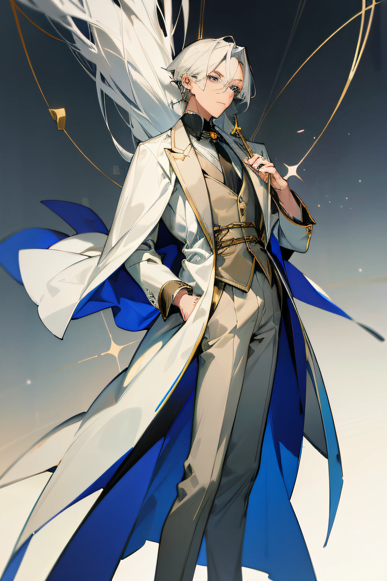 Nikkei 2D,light toned,character  design,design sense,saucepan&#39;s full body design suit,European aristocratic style,full body concept art,blue color eyes,The details of the eyes are super exquisite,Handsome white-haired man,Western-style dress,white hair boy,Gold wire rimmed glasses, s the perfect face,vertical drawing design,the only person,White coat,grey vest,European style gorgeous,sideways standing
