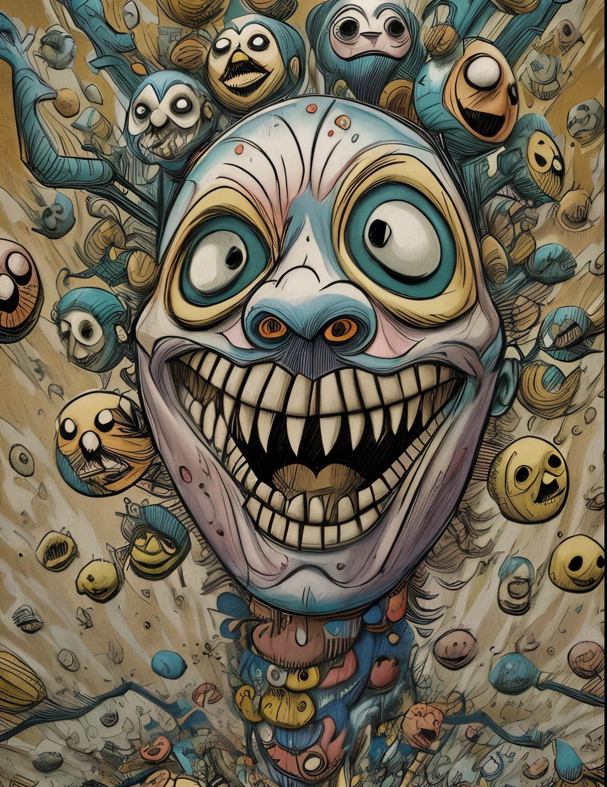 have a big mask，oda&#39;oda&#39;oda&#39;oda&#39;oda&#39;There&#39;s a toothy face on it, murderous carnival freak, hallucinatory art, Crazy Pulcinella face, Junji Ito 4K, kenny scharf, Surreal digital artwork, digital art 4k unsettling, Dirk Jimilski, tour, author：Ron English, Hallucinations, 4k horror color art，Abstraction，