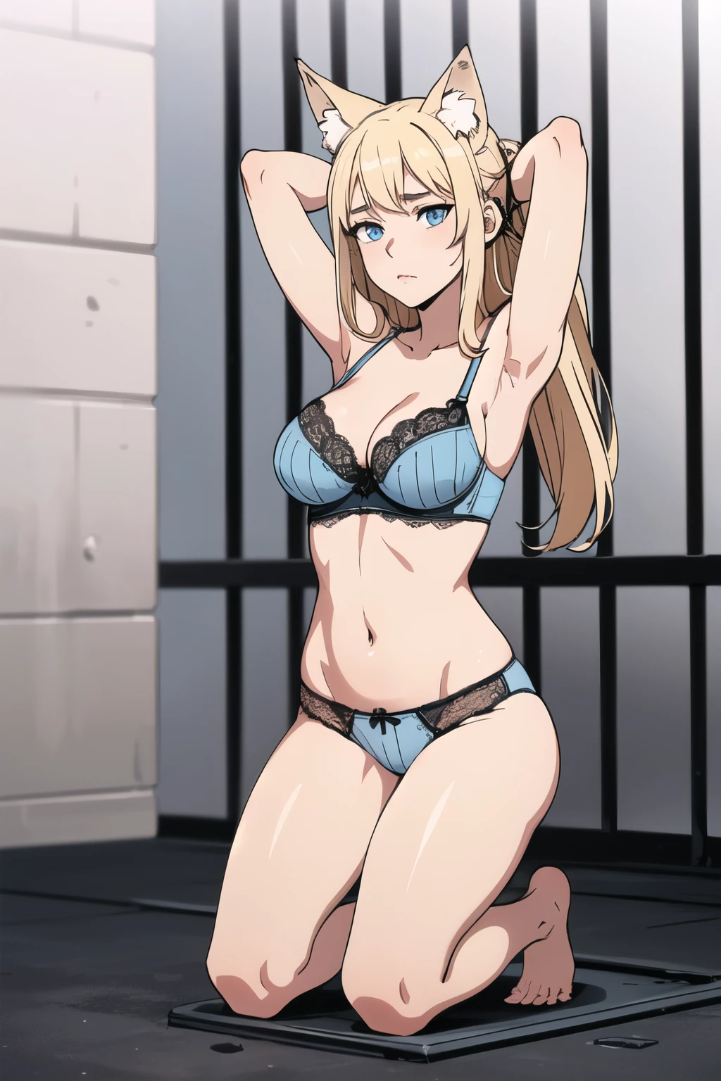 Beautiful 1girl, full body, ager, solo, (very long waist length blonde hair, straight blonde hair: 1.28), ((light blue eyes)), clear skin, (large darker fox ears: 1.45), pale skin, medium breasts, cleavage, (thin hips, thin waist , athletic body: 1.25), background, looking away, pained expression, revealing clothes, (wearing lacy bra & panties: 1.5), (kneeling, arms behind head:1.7), (trapped in a cage, thick metal bars: 1.55) 4k textures, soft light, elegant, highly detailed, sharp focus, soothing tones,