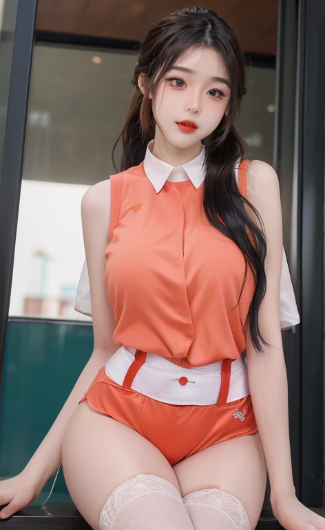 (masterpiece, realistic, high resolution), ((1 girl): 1.2), Korean, ((white wavy hair): 1.3), (heterochromic eyes: 1.1, thick eyebrowedium breasts: 1.2, small waist, thighs), catwalk walk, masterpiece: 1.2, best quality), realism, (real pictures, rich detail details, depth of field), (1 girl, solo), makeup, high detail, perfect face shape, (: 1.4), (skin dents), thick thighs, wide hips, thin waist, high, coral, red lips, red eyes, ponytail, (sweat: 1.2), (wet), sexy, blush, (shy expression), Vests, suspenders, belly pockets, stockings, fishnet socks,