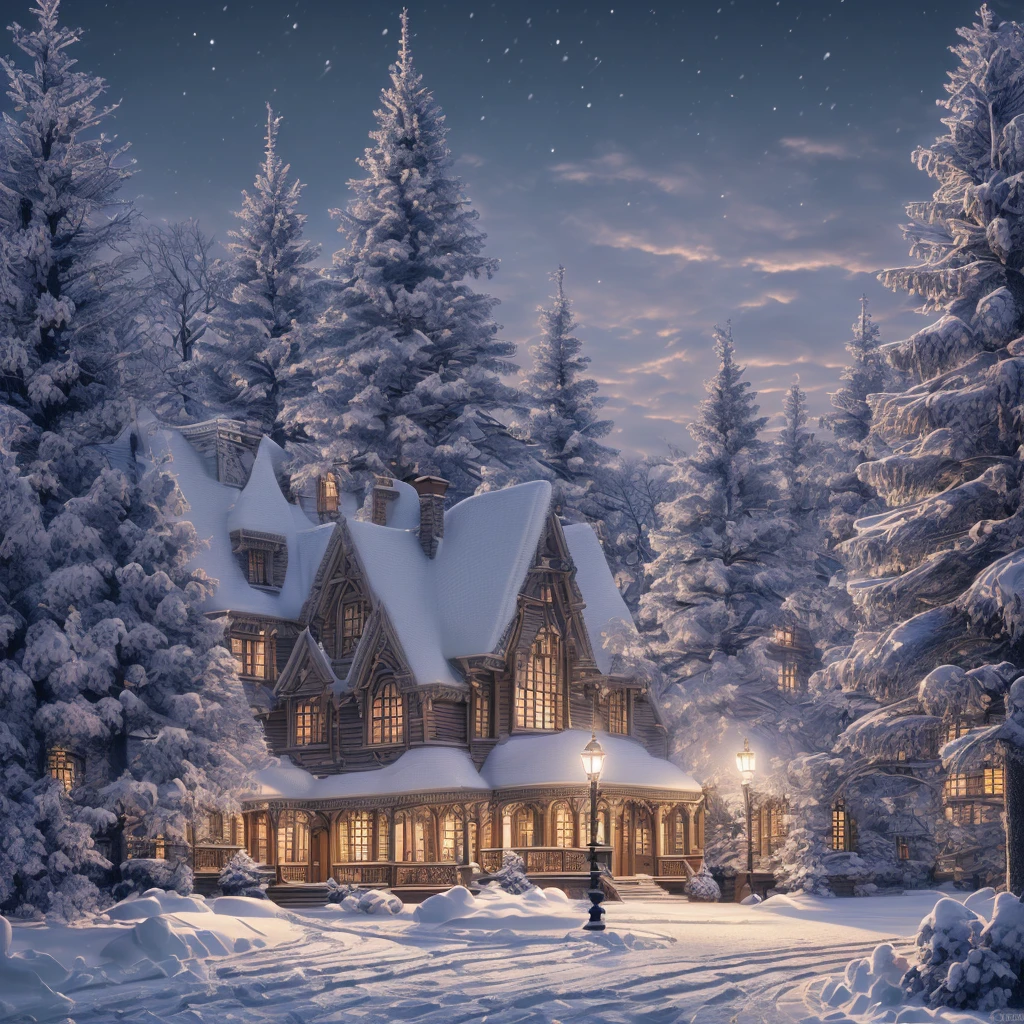 (by Chris Van Allsburg:1.2), winter, intricate, (best quality, masterpiece, Representative work, official art, Professional, unity 8k wallpaper:1.3)