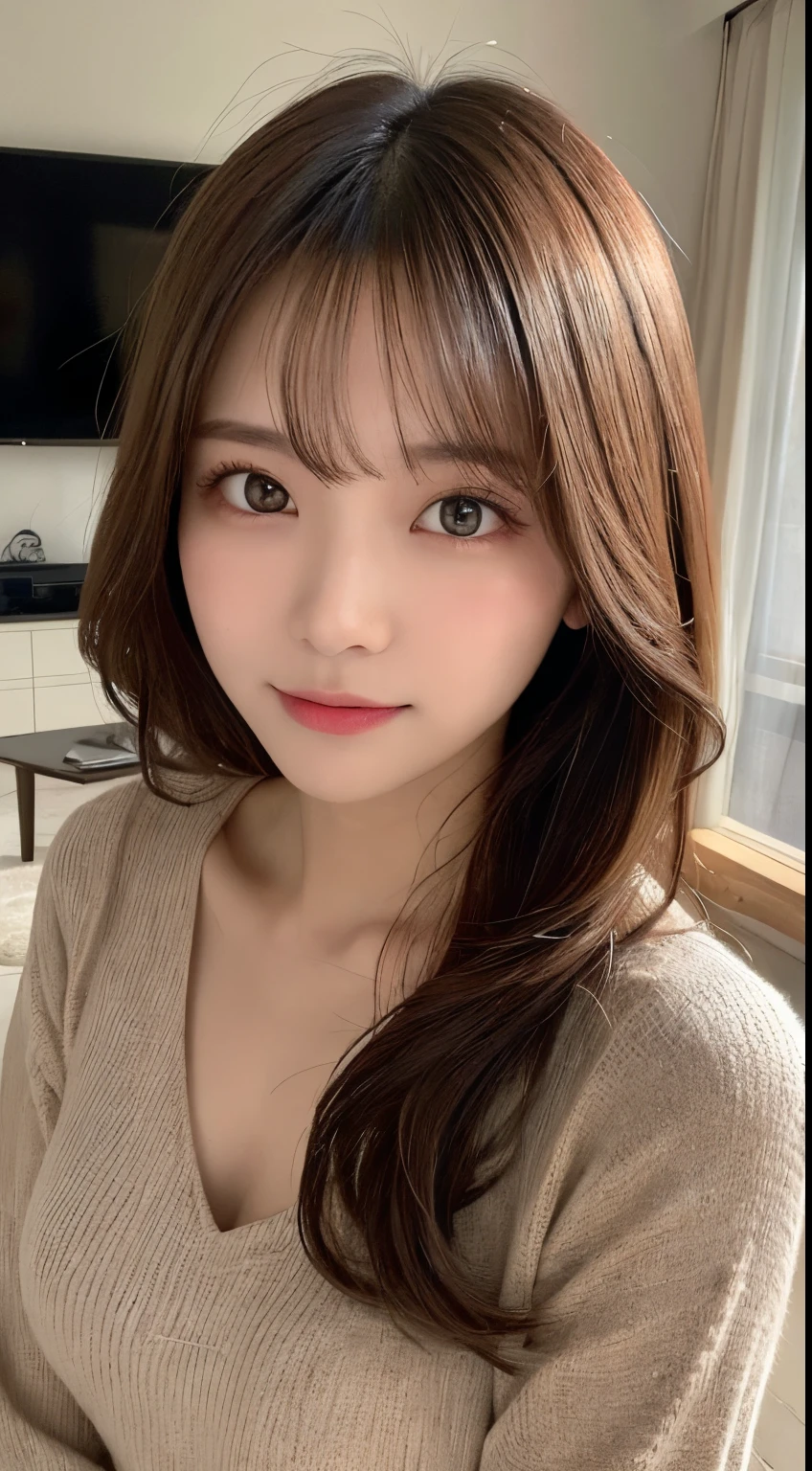 masutepiece, Best Quality, Illustration, Ultra-detailed, finely detail, hight resolution, 8K Wallpaper, Perfect dynamic composition, Beautiful detailed eyes, Winter clothes,Medium Hair,small tits,Natural Color Lip, Bold sexy poses,Smile,living room in luxury house、20 years girl、Cute、Sexy shot looking at camera,Raw photo,Blur the background,Perfect and beautiful face,take a photo close to the face,slightly dark room