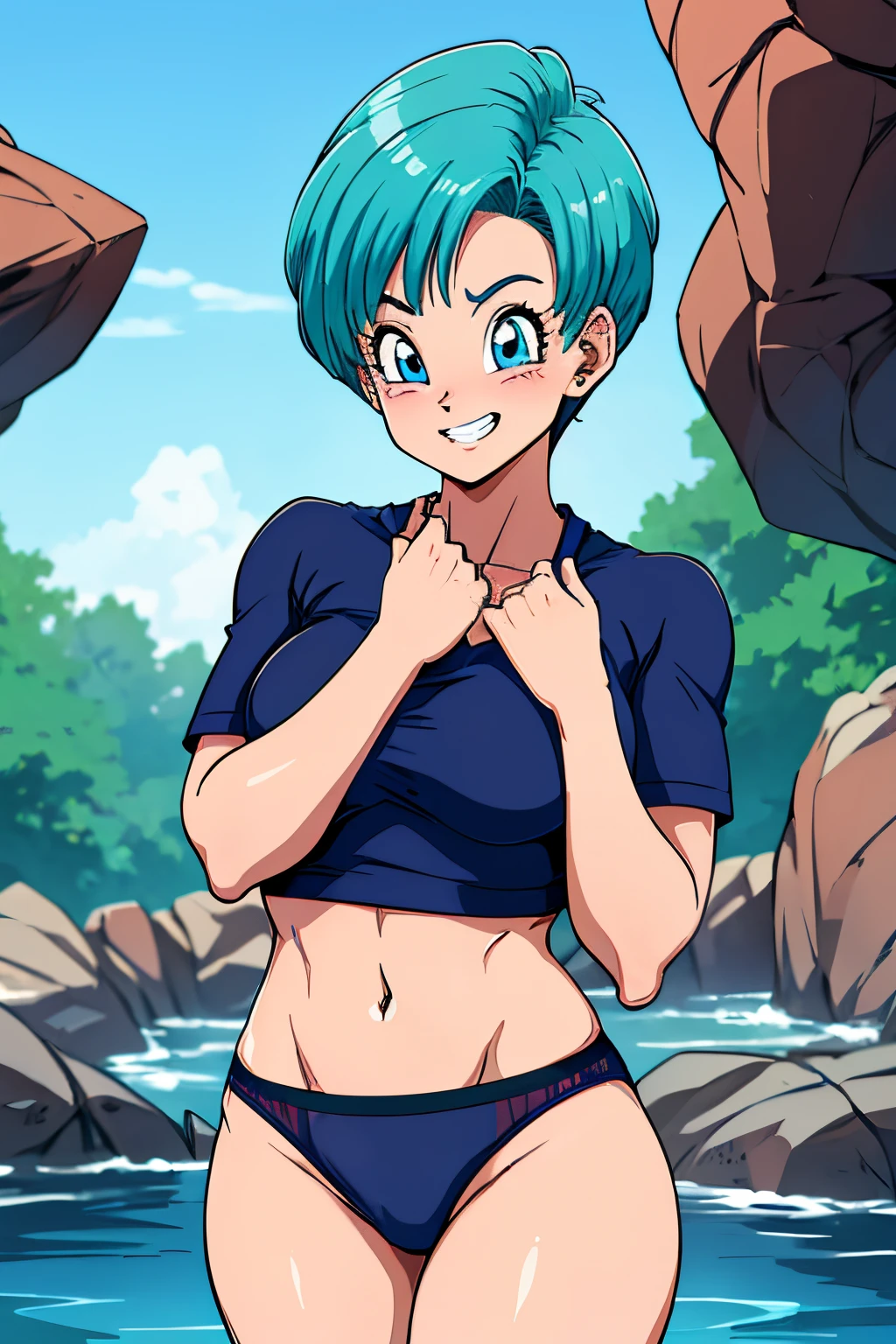 k hd, 8K, 详细的脸, catch her, touch her, Show hers, Bulma in Dragon Ball Z, Dark Blue Eyeurgundy Underwear)), hot onsen, ()), skiny and thin, Body proportions are equal from her perspective, four fingers and 1 thumb, ((2 hand dye hair, belo sorriso, smiling at viewer, blushed cheeks,