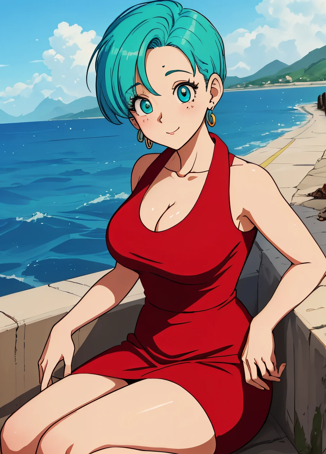 tmasterpiece, Best quality at best, Best quality at best, (perfect litthing:1.4), (realisticlying), perfect anatomia, s the perfect face, perfect  eyes, 
 bulmadbzreddress, Aqua hair, Bulma holds hers , 's , 's , Bigchest , Sexy thighs , NSFW