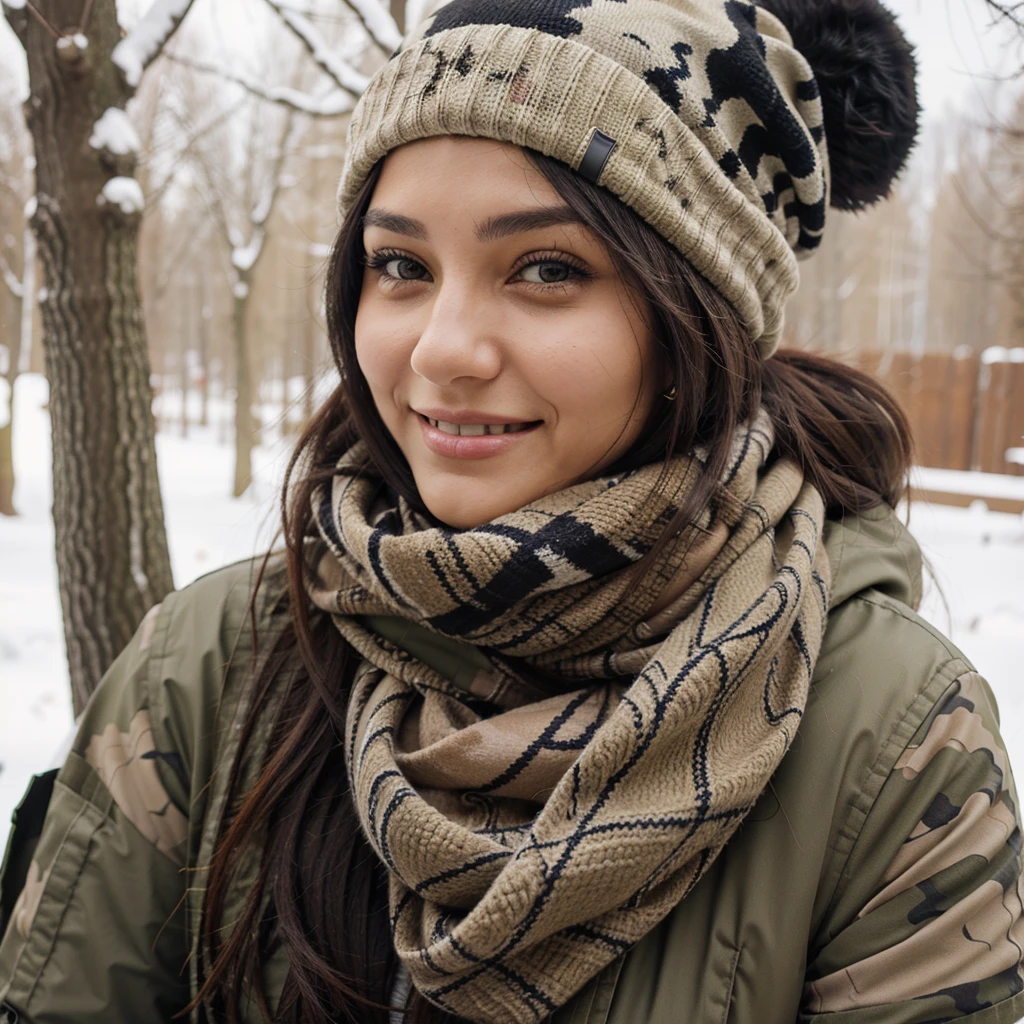 smiling woman wearing a camouflage beanie and scarf with a cell phone, this person does not exist, looks like ebru şahin, entire person visible, plus-sized, long point nose, ugly face, chubby