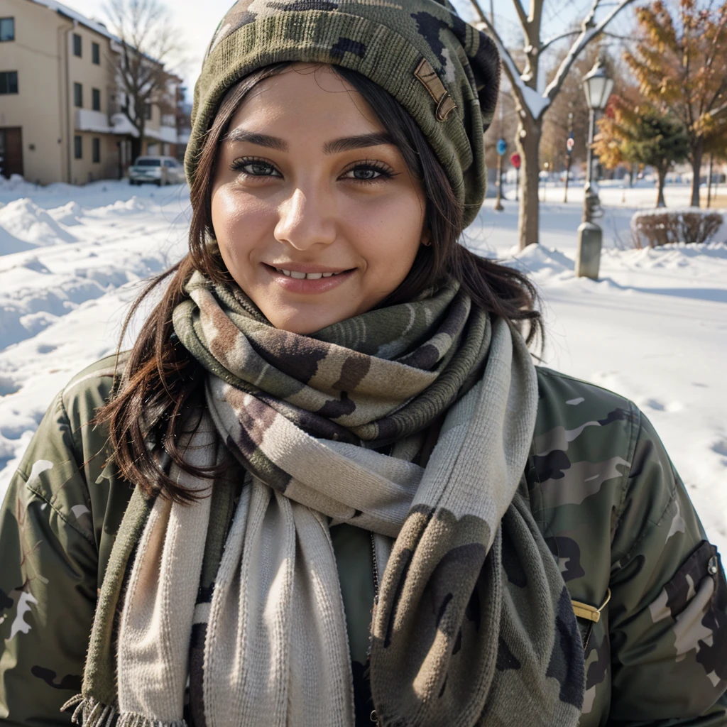 smiling woman wearing a camouflage beanie and scarf with a cell phone, this person does not exist, looks like ebru şahin, entire person visible, plus-sized, long point nose, ugly face, chubby