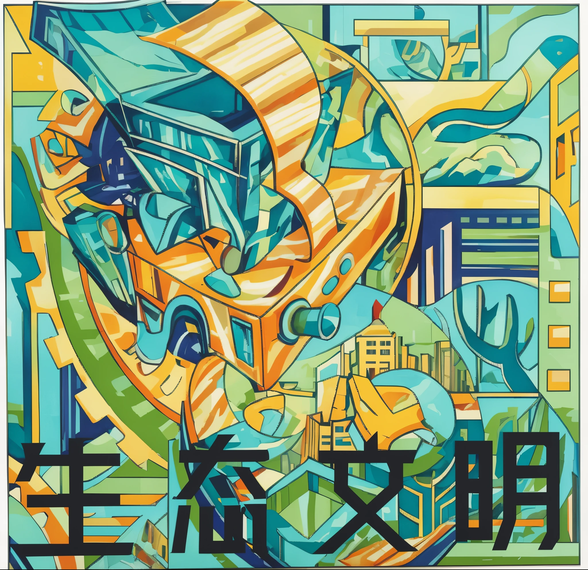 Bus painting with city as background, Inspired by Wyndham Lewis, Jojolion cover art style, future three-dimensional, future painting, A complicated future, artwork in style of sheng lam, Inspired by Tomokazu Matsuyama, Inspired by Victor Wei, Postmodern painting, Wyndham Lewis，Three-dimensional words，Ecological civilization changes from two-dimensional to three-dimensional
