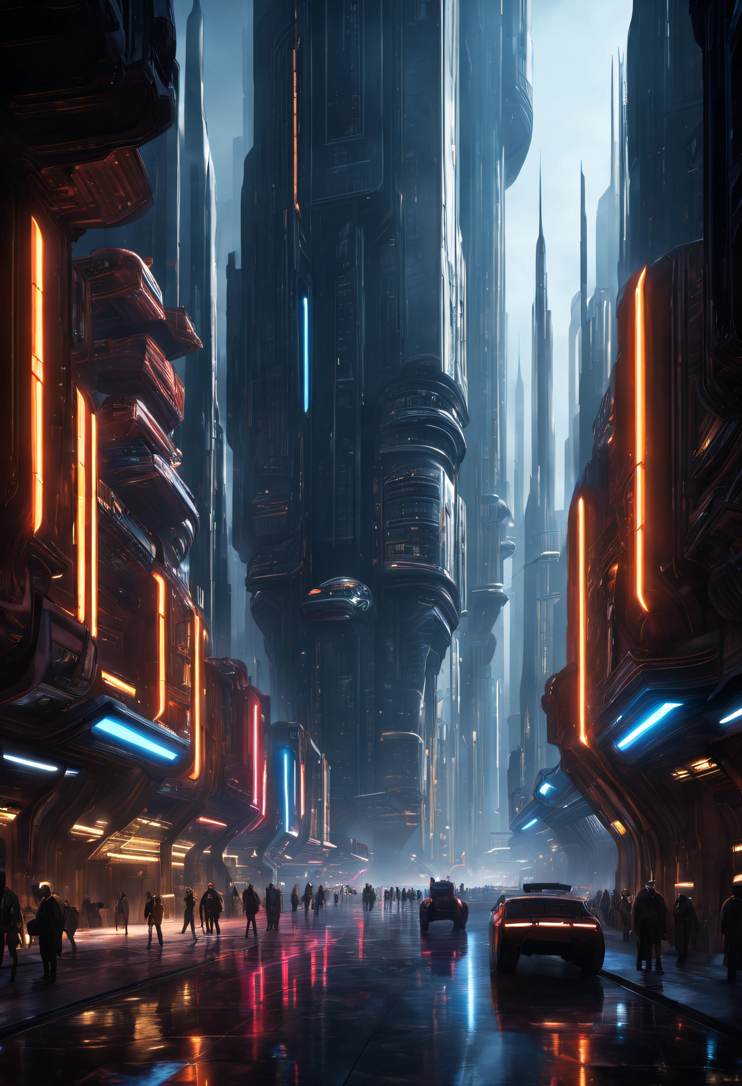 (The city of Coruscant from Star Wars as designed by Doug Chiang), futuristic fantasy city with immense buildings of technological design (que forman una avenida infinita), edificios compactor no difuminados con aspecto metalico, luces en ventanas en edificios, iluminacion diurna con sol, con estructuras acristaladas espectaculares, (con colores vivos). pavimento ensolado (sin brillo). gente paseando. imagen bien definida con muchos edificios juntos. imagen nitida bien definida 8k. los edificios llegan alta el fondo.,8k. imagen cinematografica