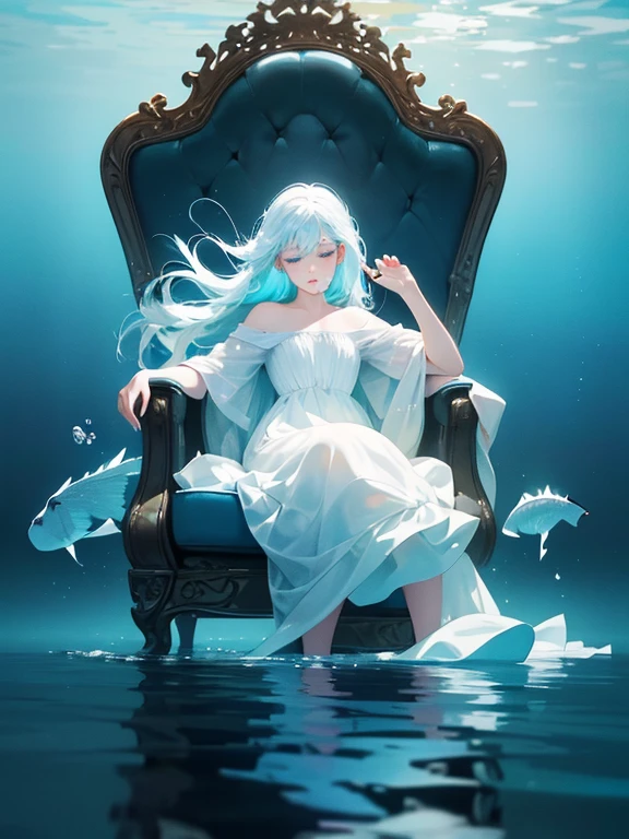 A woman in a white dress fell into the water, Falling posture，Floating under the lake, floating under water, float and drown, dreamy surreal, Beautiful digital artwork, sitting in his throne underwater, stunning digital illustration, float in the water, dreamlike digital painting, Surreal digital artwork, 3d render digital art, A beautiful artistic illustration, dramatic floating pose