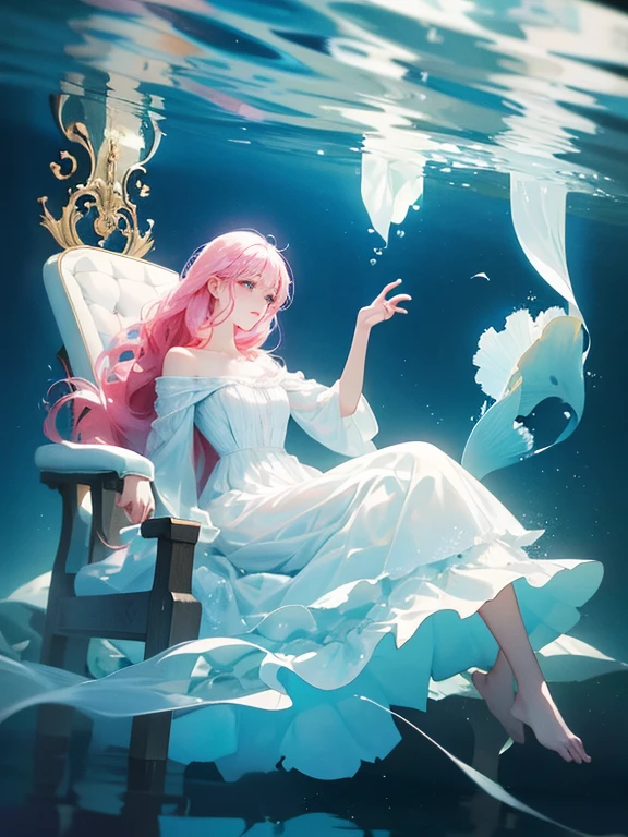 A woman in a white dress fell into the water, Falling posture,Floating under the lake, floating under water, float and drown, dreamy surreal, Beautiful digital artwork, sitting in his throne underwater, stunning digital illustration, float in the water, dreamlike digital painting, Surreal digital artwork, 3d render digital art, A beautiful artistic illustration, dramatic floating pose