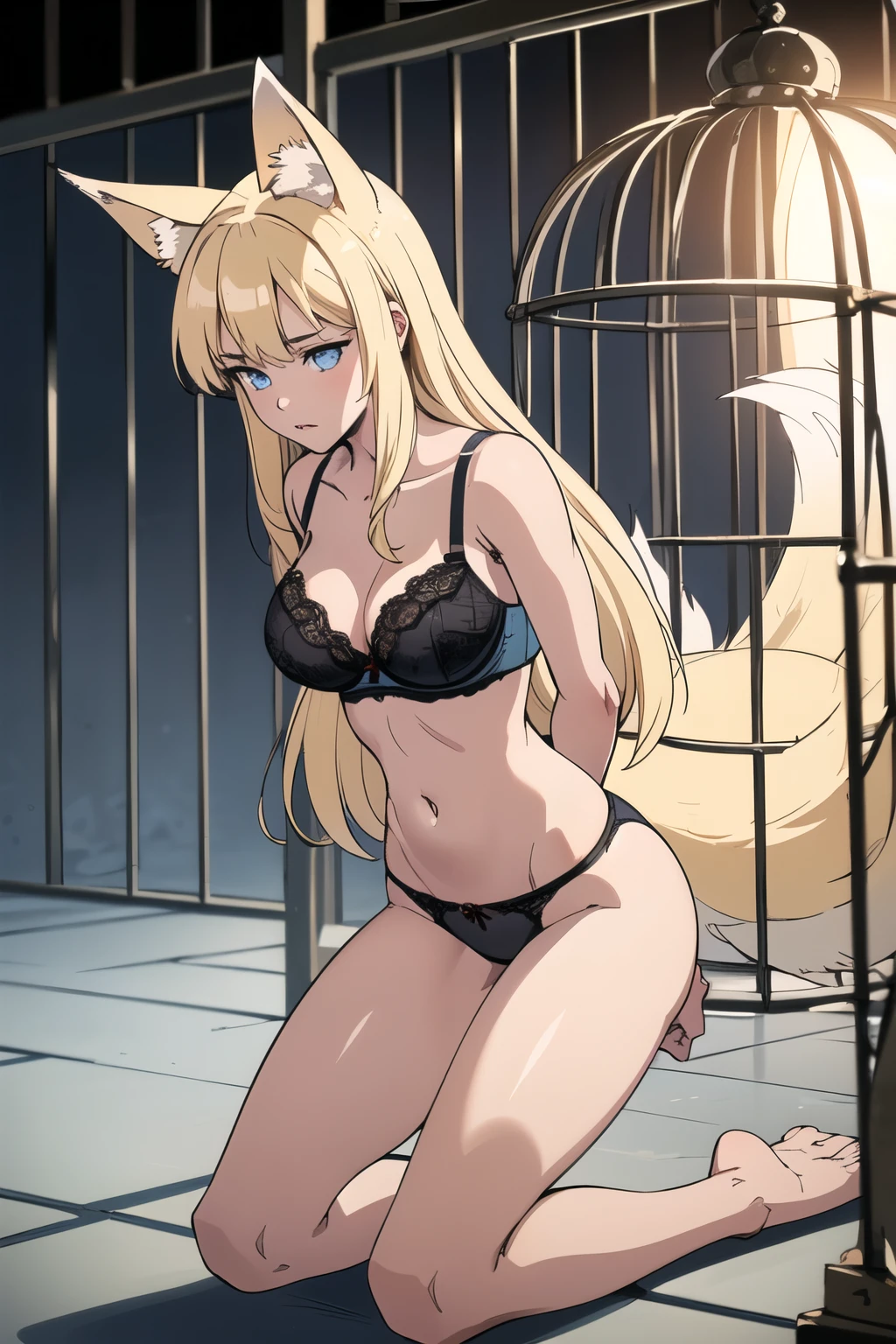 Beautiful 1girl, full body, teenager, solo, (very long waist length blonde hair, straight blonde hair: 1.28), ((light blue eyes)), clear skin, (large darker fox ears: 1.45), pale skin, medium breasts, cleavage, (thin hips, thin waist , athletic body: 1.25), background, looking away, pained expression, revealing clothes, (wearing lacy bra & panties: 1.5), (kneeling, arms boundbehind back:1.7), (trapped in a cage, thick metal bars: 1.55) 4k textures, soft light, elegant, highly detailed, sharp focus, soothing tones,