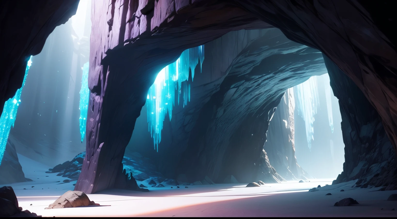 Scenery inside the cave where you can see glowing crystals