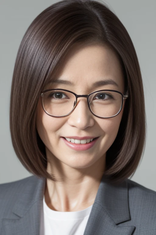 masutepiece, Photorealsitic, Best Quality, intricate and delicate, 8k wallpaper, top-quality, masterpiece, realisitic, ultra-detailliert, 1人の女性, (1), Beautiful woman at 60 years old, (Facing the front), bilaterally symmetrical, (Look at viewers), Dynamic light inidle shot), Gray blazer, white shirt, (Smile), (Open mouth), ((Looking at Viewer)), metal frame glasses, beautiful hairl