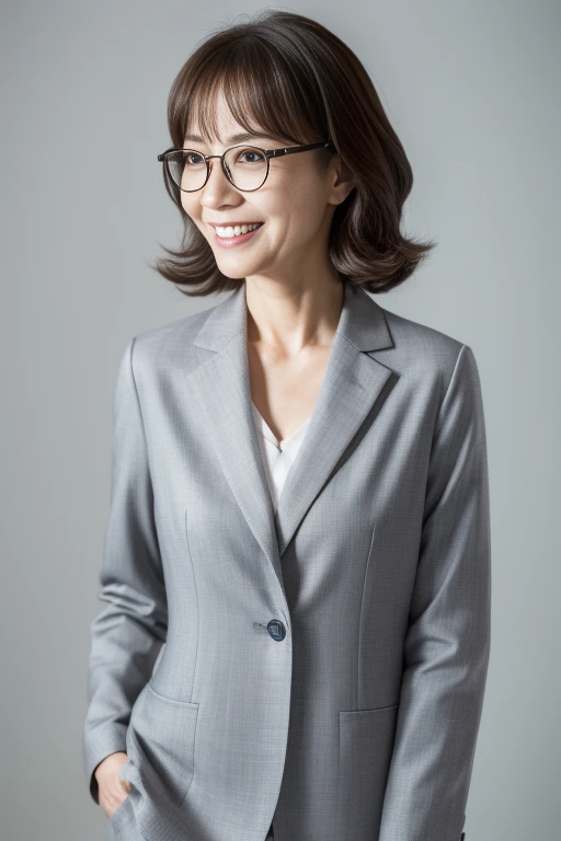 masutepiece, Photorealsitic, Best Quality, intricate and delicate, 8k wallpaper, top-quality, masterpiece, realisitic, ultra-detailliert, 1人の女性, (1), Beautiful woman at 60 years old, (Facing the front), bilaterally symmetrical, (Look at viewers), Dynamic light inidle shot), Gray blazer, white shirt, (Smile), (Open mouth), ((Looking at Viewer)), metal frame glasses, beautiful hairl