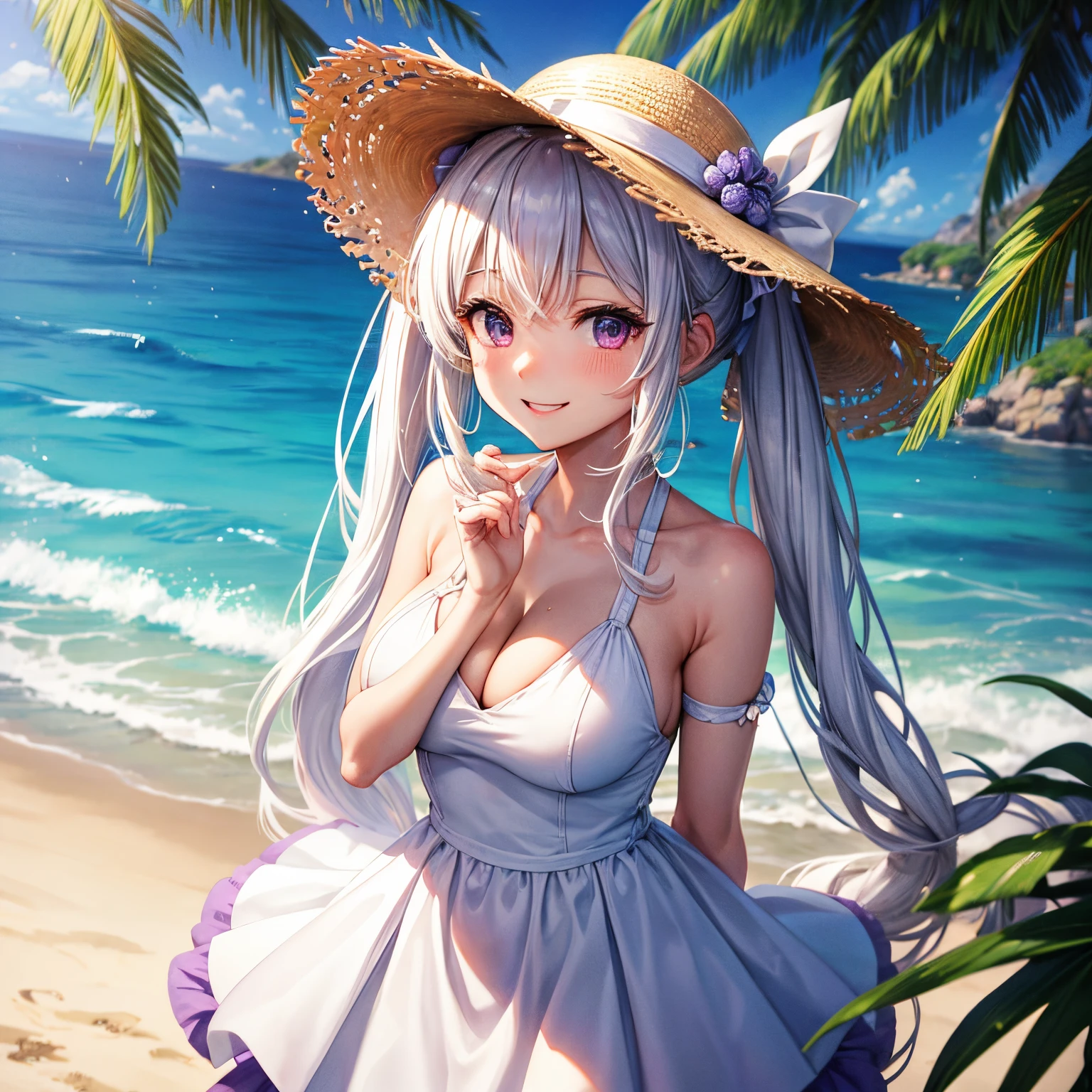 Best quality at best, tmasterpiece, , ,short, humongous large breast, White hair,Low double ponytail, a purple eye, Eugene Chris, thin twintails,, sea beach, Mare, White dress, White dress, white one piece, Straw Hat Hat, (((the shy))), (Happy), Leaning forward, 夏天, from the above, hands out, Smiling,
