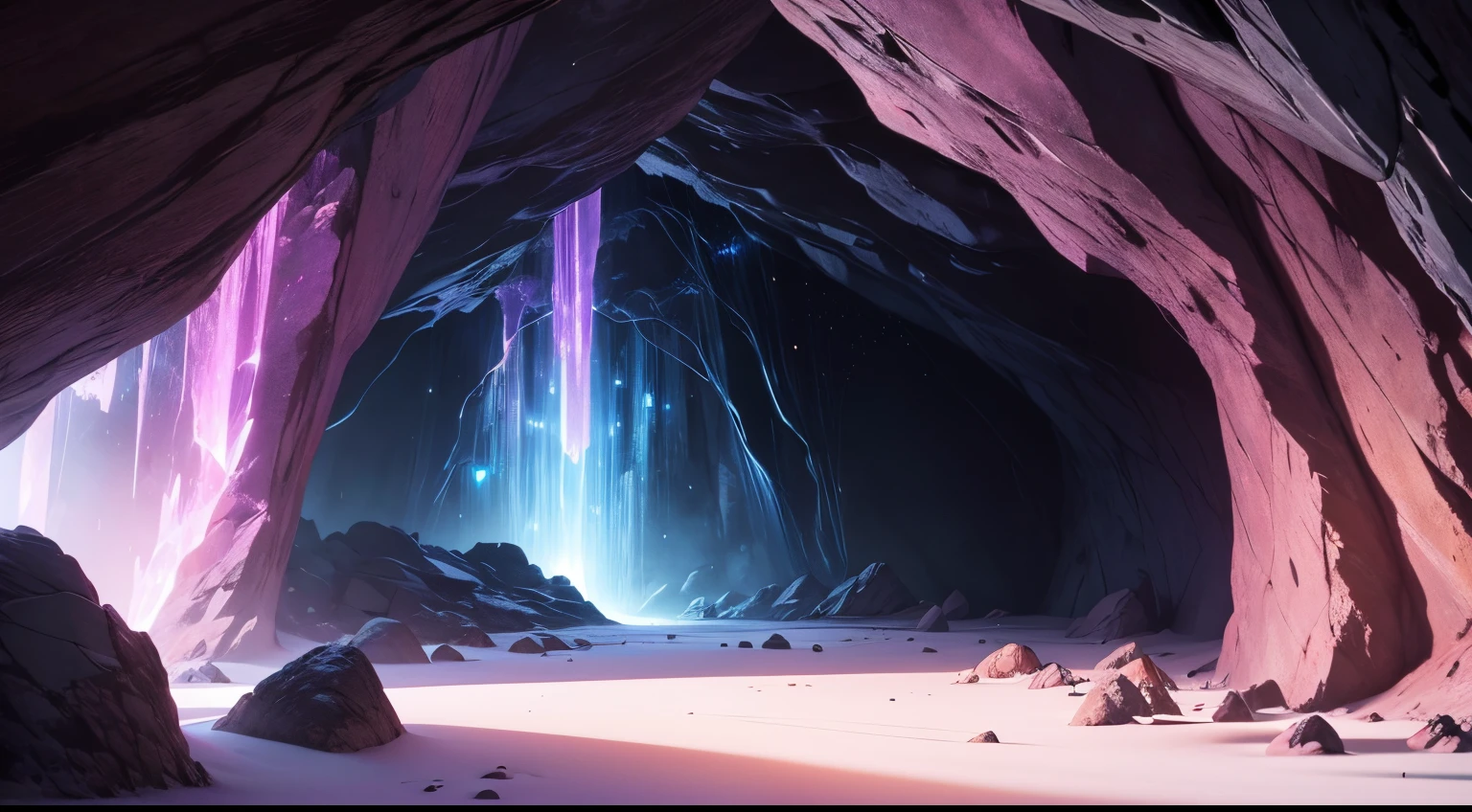Scenery inside the cave where you can see glowing crystals