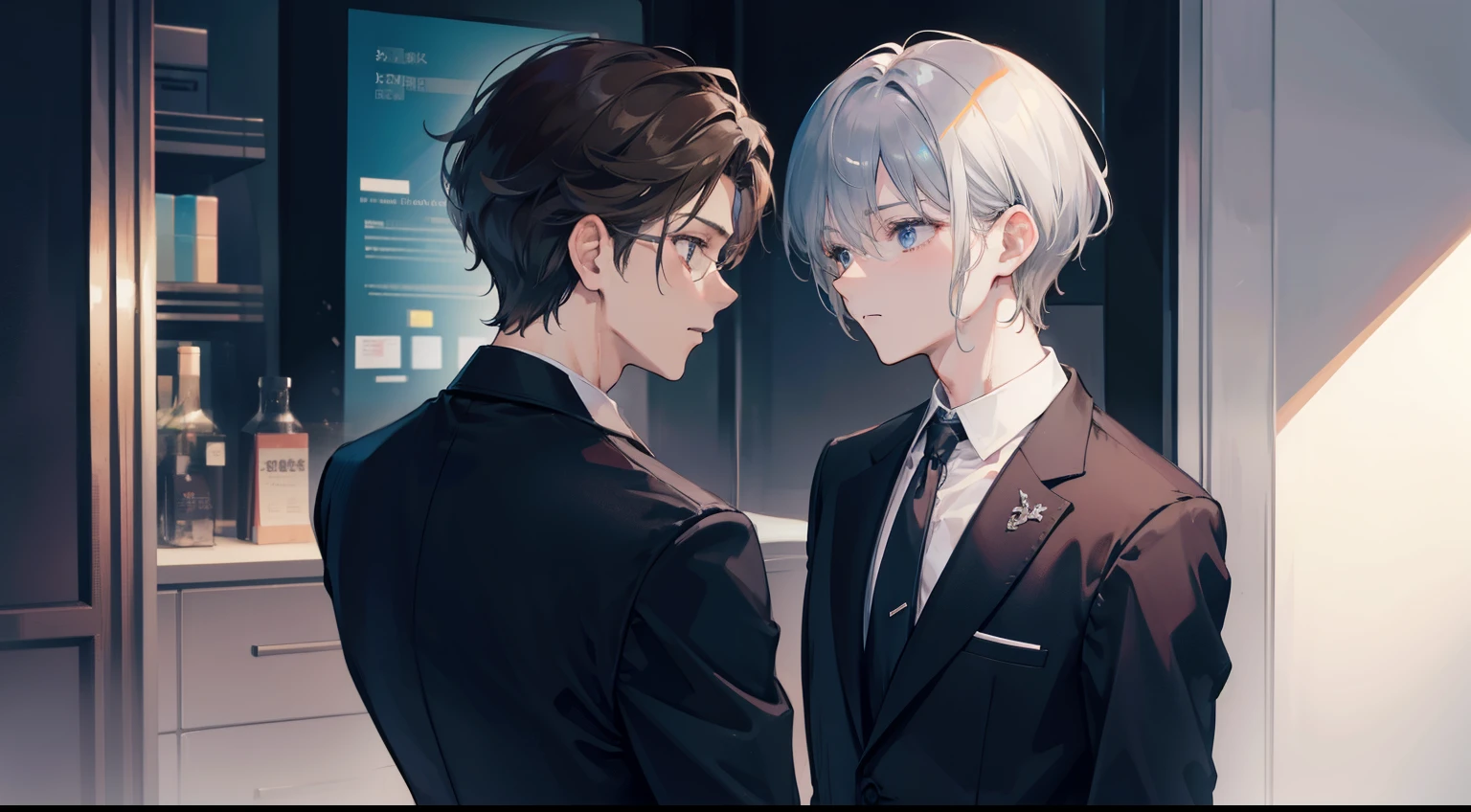 Two men in suits are facing each other. One is a brown-haired man, and the other is a short-haired man with silver hair.