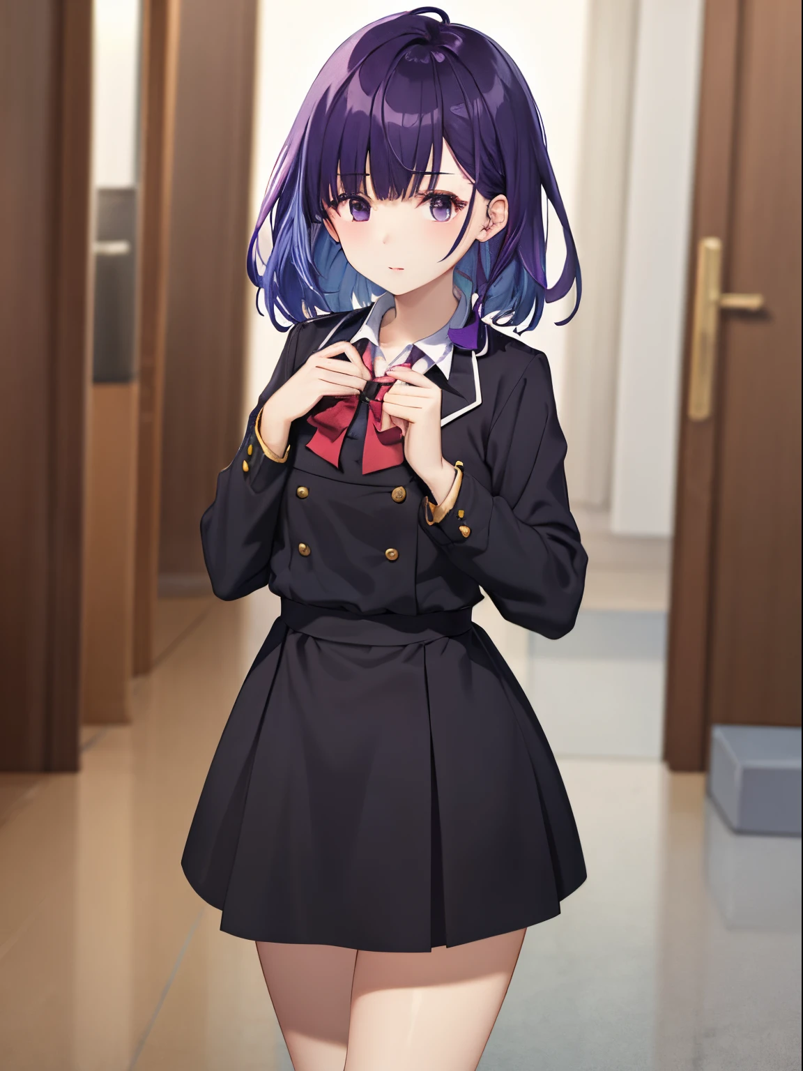 top-quality、(​masterpiece:1.2)、独奏、ighly detailed、1 girl in、校服、purple color  hair、A girl with beautiful purple hair who looks cute、８K image、Light blue uniform、gothic **** style uniform、Beautiful purple hair、Beautiful transparent purple hair