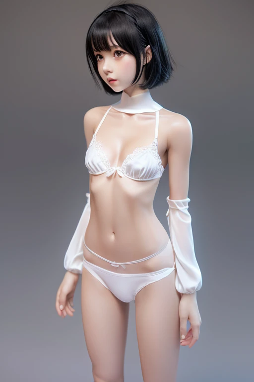 ((full body Esbian)),realisitic, (White silk camisole, White panties), ((japanes,A girl child,A dark-haired)), (slim, Small, Flat, Small), Photorealistic, detail, Skin Texture, Ultra Detail,  Super Detailed Face, Detailed lips, bashfulness,White panties are visible from the skirt、10yaers old