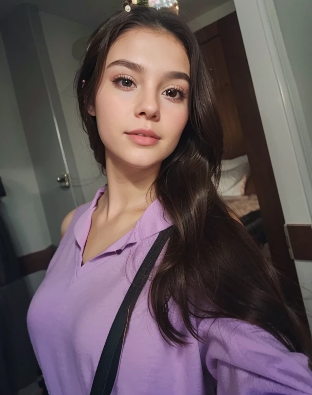 Girl taking selfie, Girl looking at the camera, The girl has gorgeous dark brown hair. The girl is in the room, New Year in the room, Christmas, holiday, Detailed photo