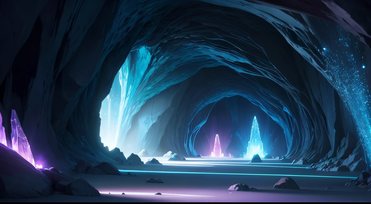 Scenery inside the cave where you can see glowing crystals