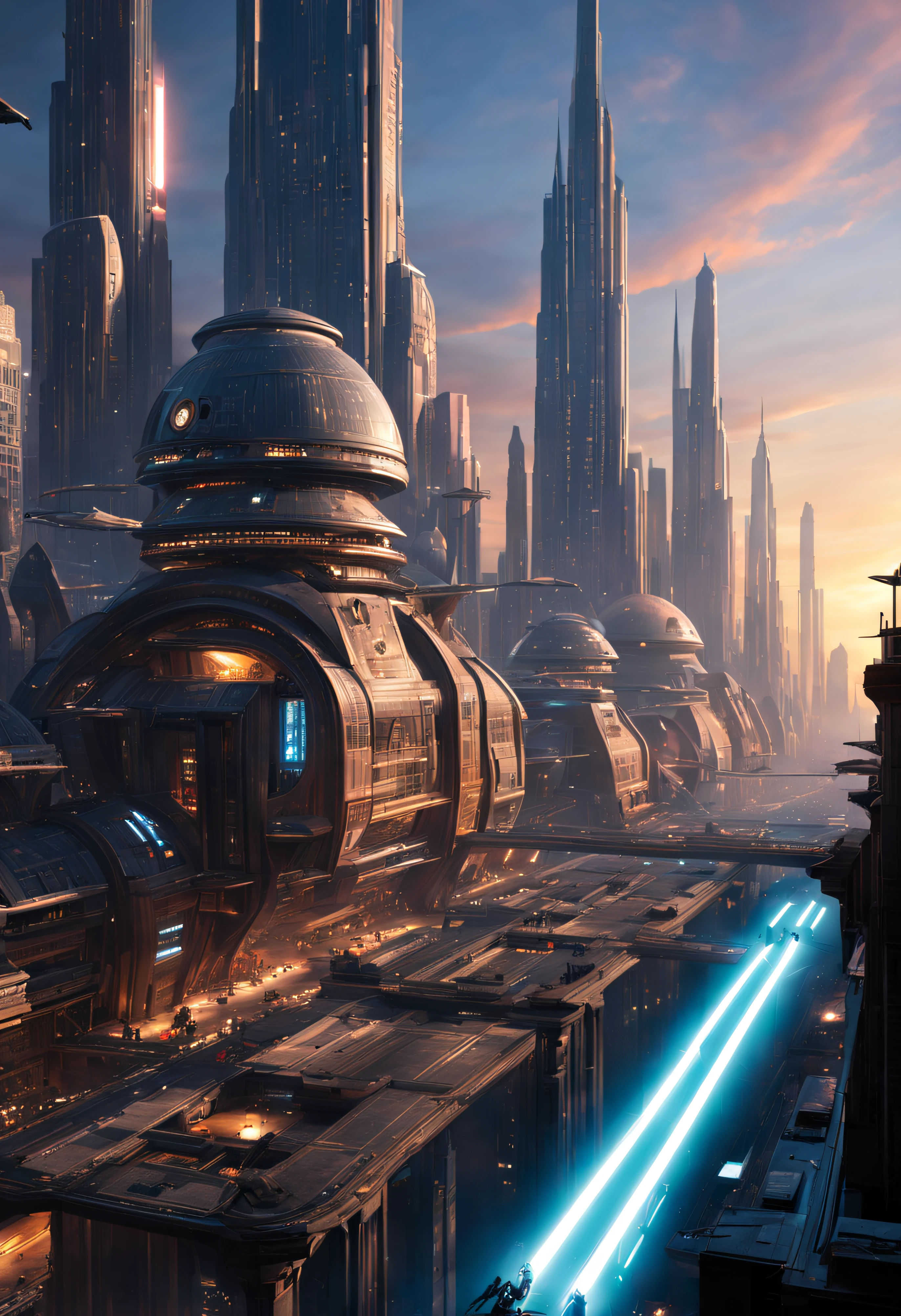 (The city of Coruscant from Star Wars as designed by Doug Chiang), futuristic fantasy city with immense buildings of technological design (que forman una avenida infinita), edificios compactor no difuminados con aspecto metalico, luces en ventanas en edificios, iluminacion diurna con sol, con estructuras acristaladas espectaculares, (con colores vivos). pavimento ensolado (sin brillo). gente paseando. imagen bien definida con muchos edificios juntos. imagen nitida bien definida 8k. los edificios llegan alta el fondo.,8k. imagen cinematografica