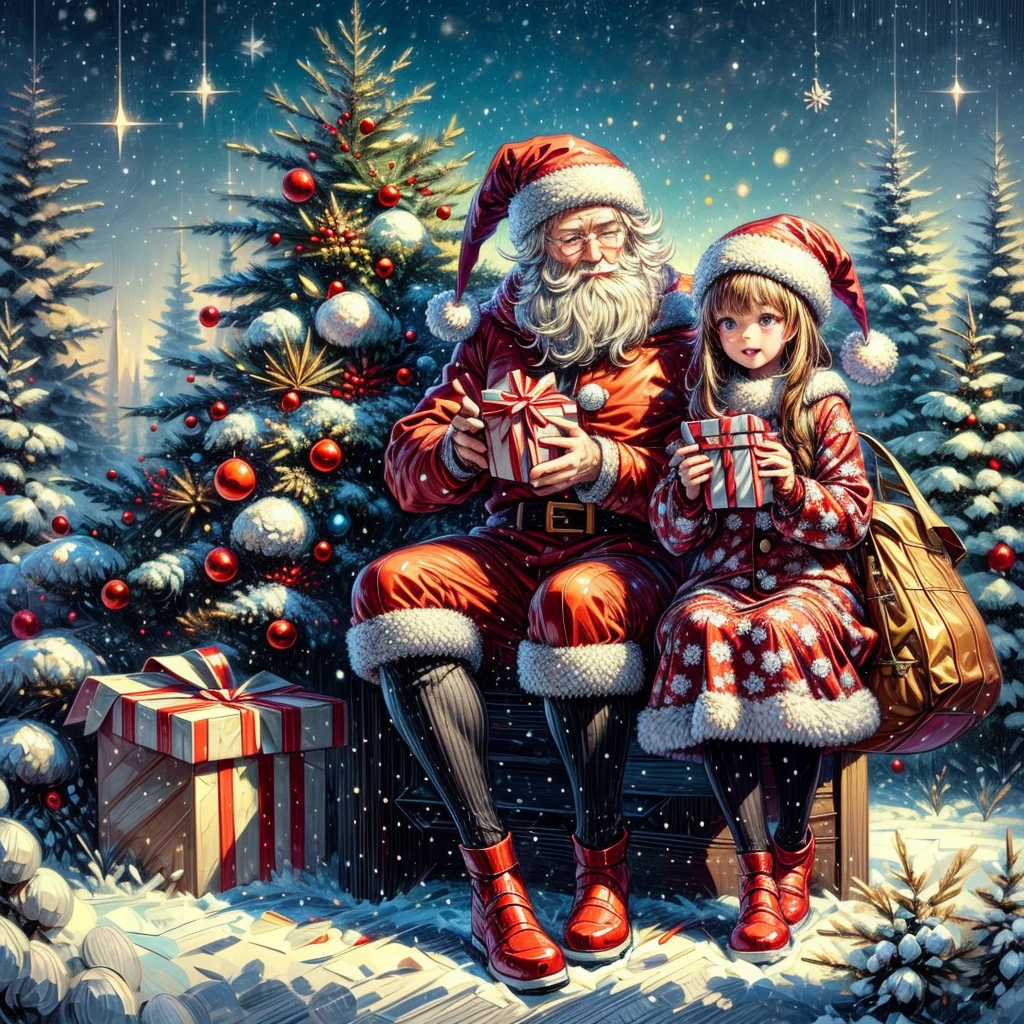 2people, a young ***************, a jolly santa, peeking around a door, placing presents under the tree, Christmas, cosy cottage style, interior, decorated for Christmas, high quality