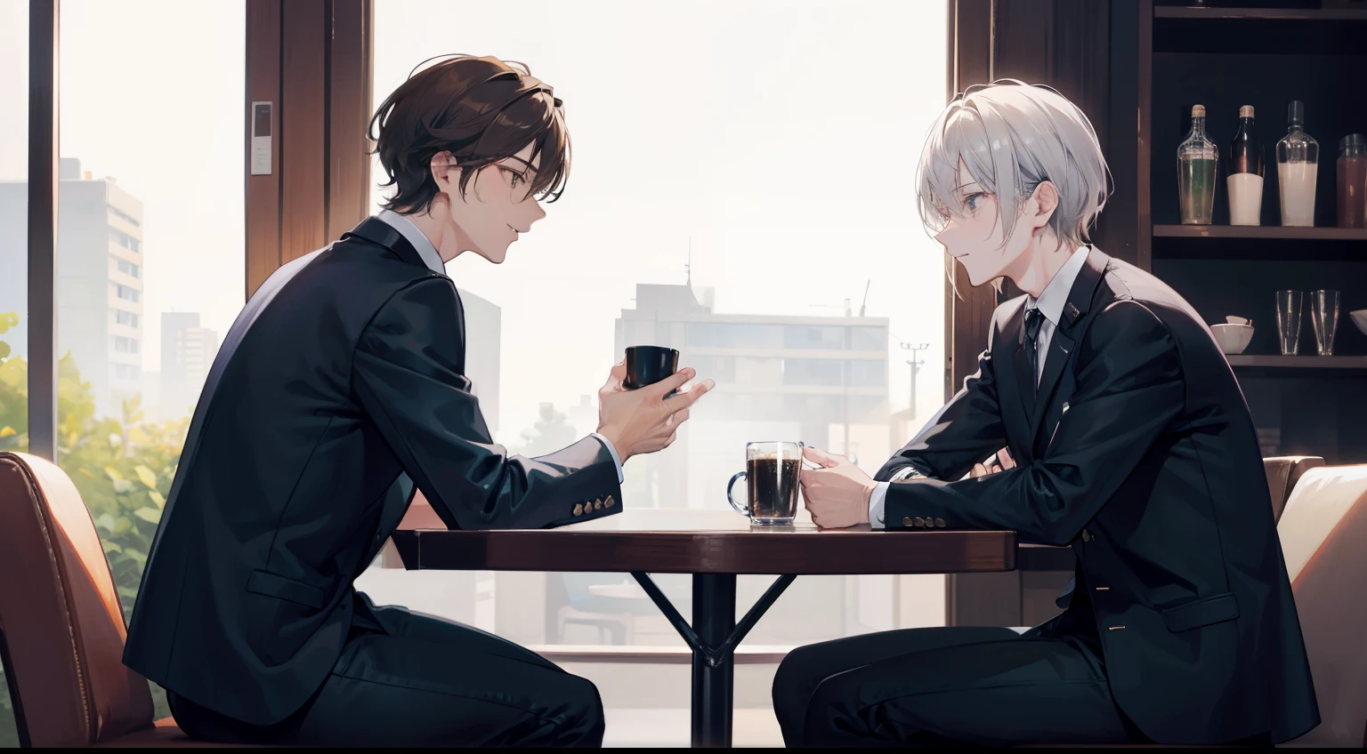Two men in suits chatting at a cafe. One is a brown-haired man, and the other is a short-haired man with silver hair.