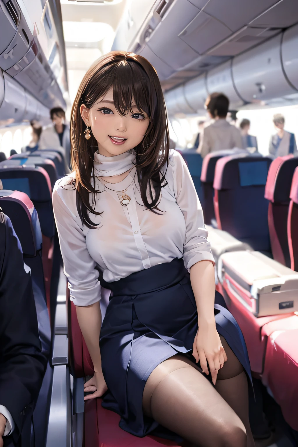 atmospheric perspective, 8k, super detail, accurate, best quality, (anime background), (((1 women))), (drooping eyes, sleepy), ((straddling to hit her crotch on the corner edge to masturbate)), small breast, shirt, areola, nipples, (emphasizes the shape of breast and crotch), panties dig into crotch, (blush), (open legs, raise leg), open mouth, (detail moist panties are visible), ((ecstasy face)), slut, (just masturbating right now), necklace, earrings, pubic hair visible, winter flight attendant uniform, knit, pantyhose, (long hair up), in the plane,