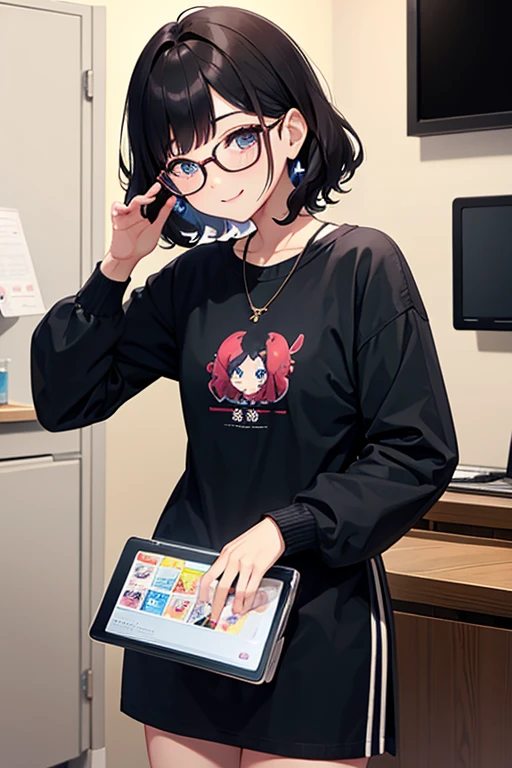 A dark-haired、Short Bob、Wave Perm、eye glasses、Facing the front、A slight smil、Playing games、adult lady、distribution