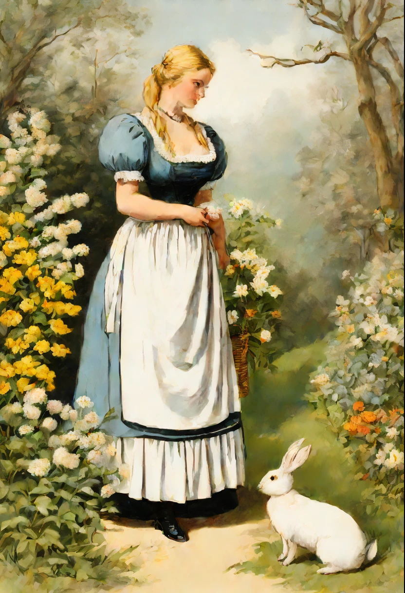 Full body view of a Anna Kournikova as a  corpulent curvy young buxom pretty chambermaid stands in a forest by a blossoming hedge with a bunch of flowers in her hand, a rabbit stands trustingly beside her, coloured drawing in the style of 1871 Punch magazine illustrations. In the style of Charles Dana Gibson