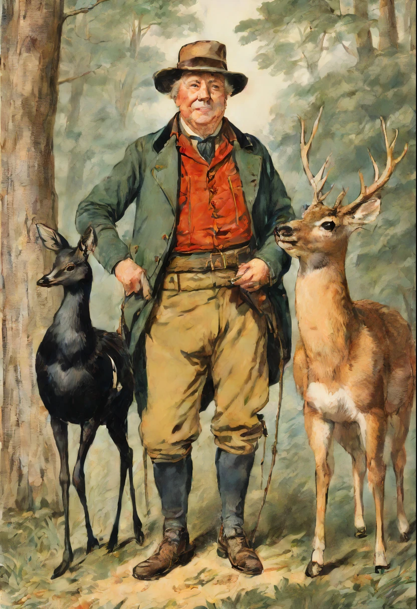 Full body view of elderly Charles Laughton As a elderly forest ranger with a tame deer next to him and a blackbird on his shoulder, smiling in a friendly manner standing in the forest, coloured drawing in the style of 1871 Punch magazine illustrations. In the style of Charles Dana Gibson