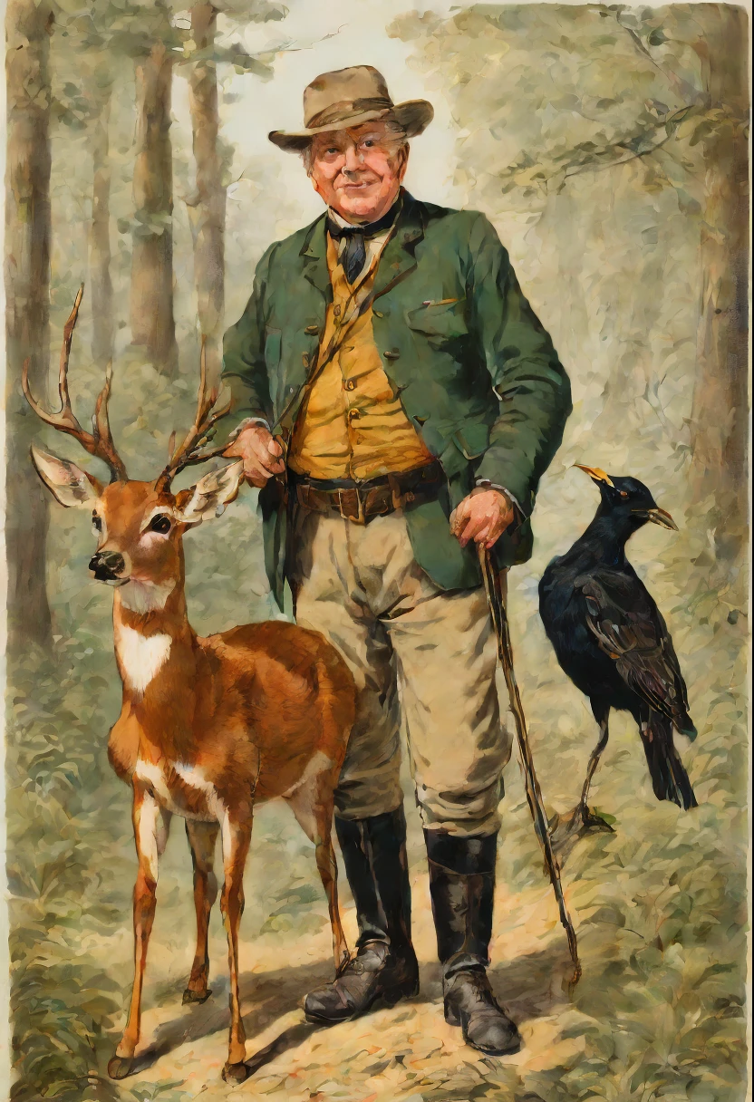 Full body view of elderly Charles Laughton As a elderly forest ranger with a tame deer next to him and a blackbird on his shoulder, smiling in a friendly manner standing in the forest, coloured drawing in the style of 1871 Punch magazine illustrations. In the style of Charles Dana Gibson