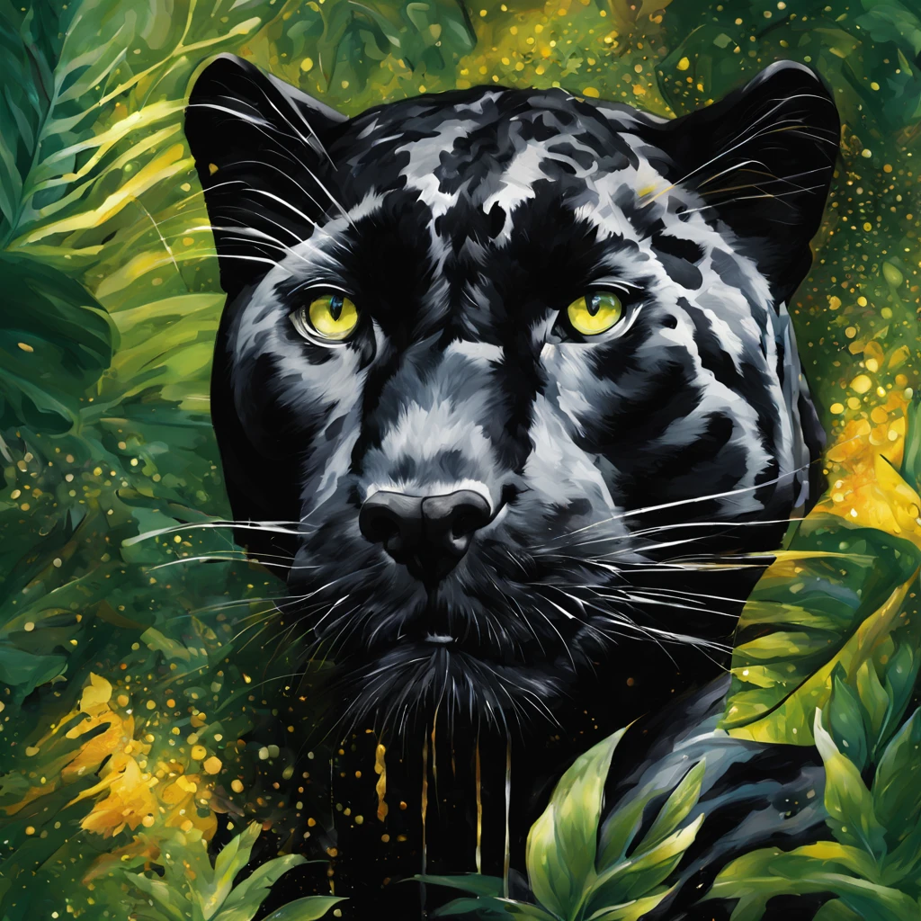 Beautiful black panther, abstraction jungle backdrop, floral botanical, fantasy, african style, beautiful, realistic, green, white, golden fibers, drops, balls, swirls, sparks, high octane, watercolor paint, a closeup of a