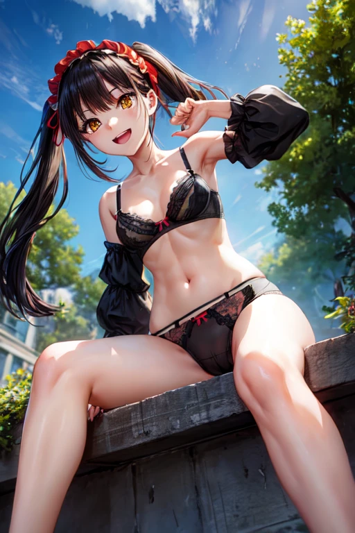 ((full body)), ((full pose)), kurumitokisaki, tokisaki kurumi, clock eyes, black hair, long twintails, (red eyes:1.2), (yellow eyes:1.3), heterochromia, (small breast:1.3), ((smile)), ((open mouth)), ((medium breasts)), BREAK hairband, bow, ribbon, ((black underwear:1.4)), BREAK looking at viewer, BREAK outdoors, BREAK (masterpiece:1.2), best quality, high resolution, unity 8k wallpaper, (illustration:0.8), (beautiful detailed eyes:1.6), extremely detailed face, perfect lighting, extremely detailed CG, (perfect hands, perfect anatomy), ((Sky from below:1.4)), ((sitting on grass)), ((show feets:1.4)),